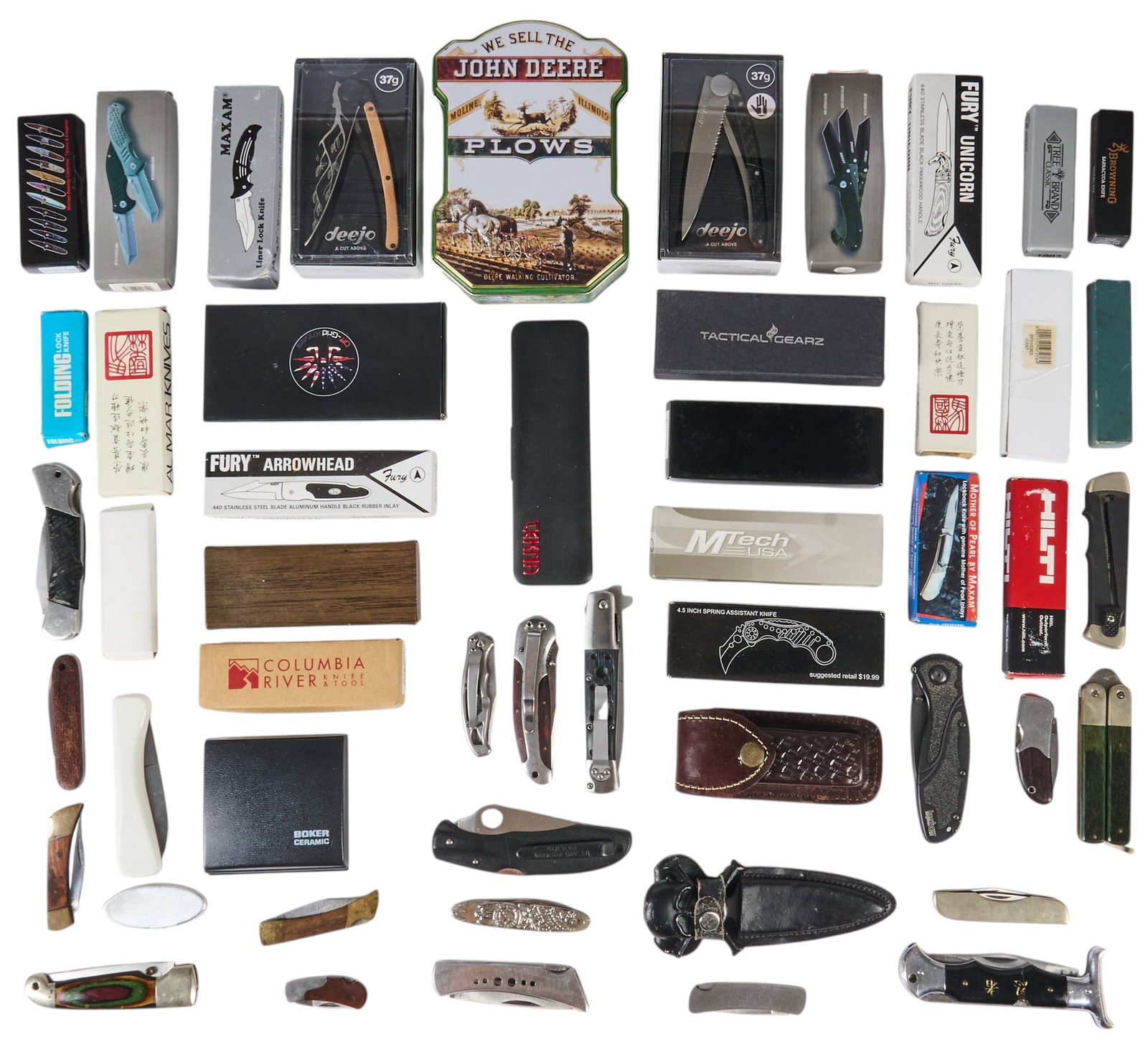 Collection of 52 Mixed Pocket Knives: 52 mixed pocket knives w/ brands including CRKT, John Deer-Field Hand, Boker, Tactical Gearz, MTech, Off Grid Knives, Tekna, Deejo, Fury, Fulpa, Al Mar, Gerber, Taylor Cutlery, Buck, Maxam, Brown