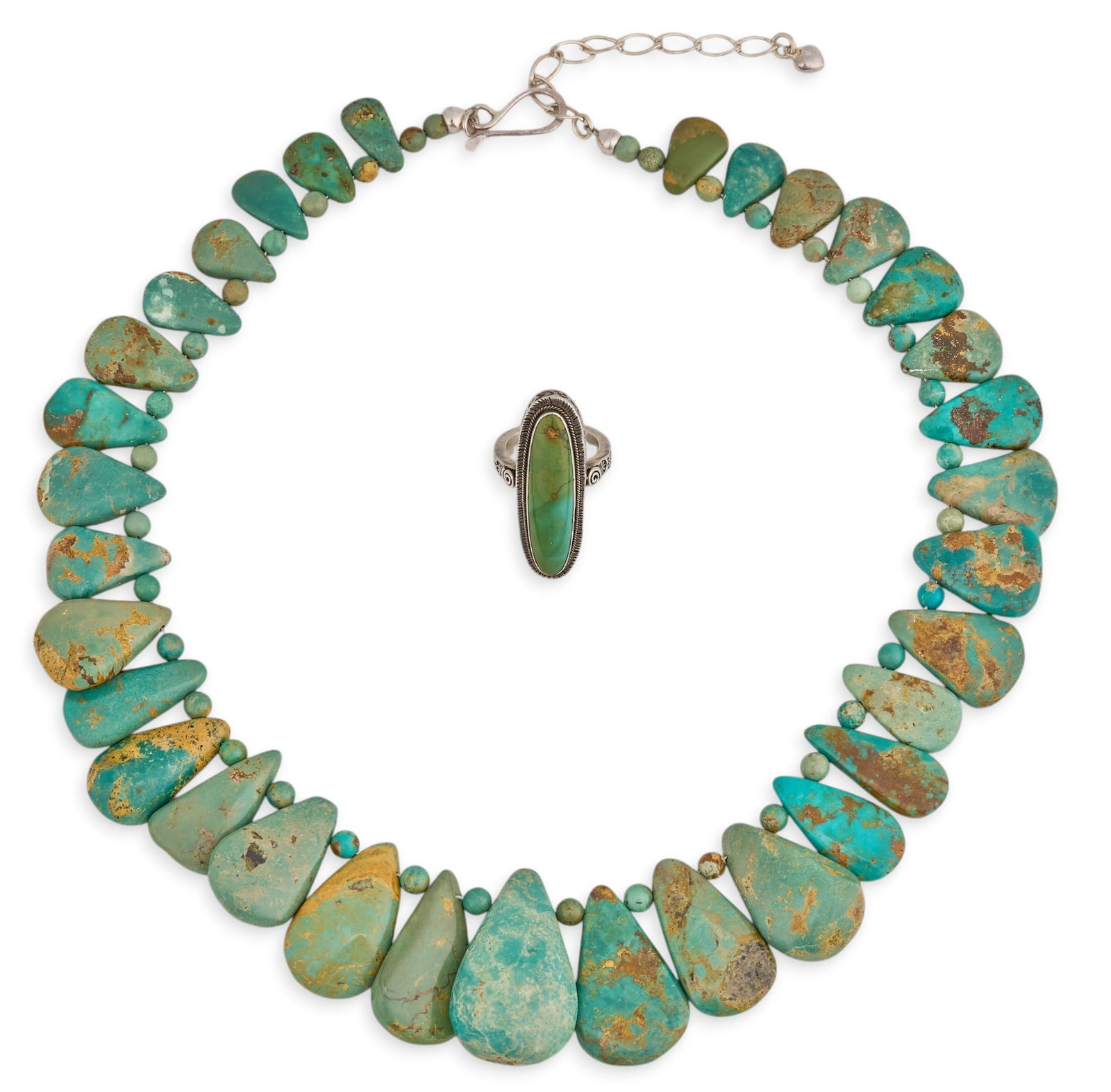 Sterling & Turquoise Beaded Necklace and Ring: Beaded turquoise necklace with sterling silver hook and eye closure, and sterling silver ring set with turquoise cabochon and stamped details, marked "925" Length: 18-21 in. Ring size: 6 Tot