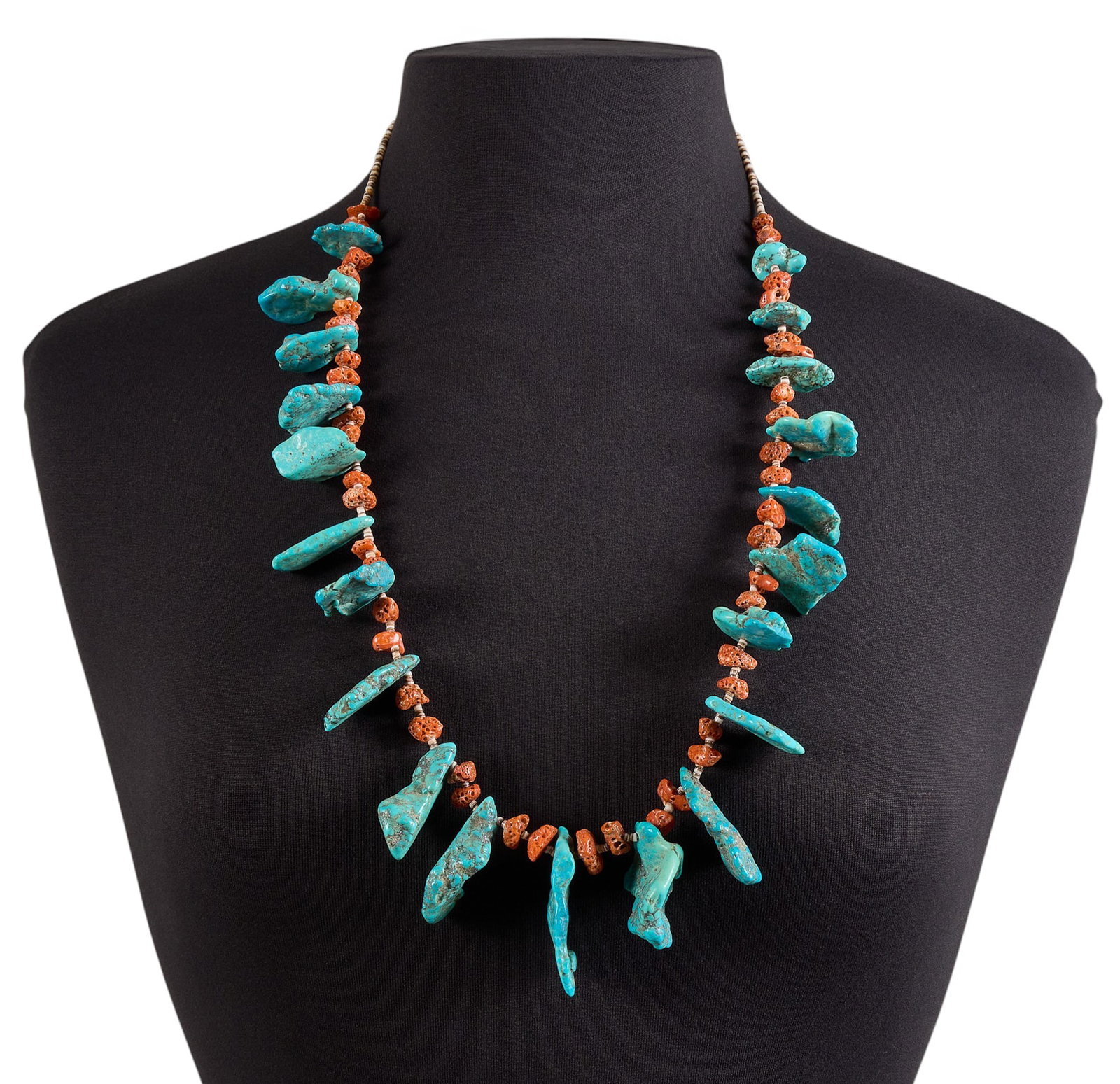 Turquoise & Coral Beaded Necklace: Beaded necklace composed of turquoise, coral, and shell beads, with silver hook and eye closure Length: 29 in. Total weight: 139 g
