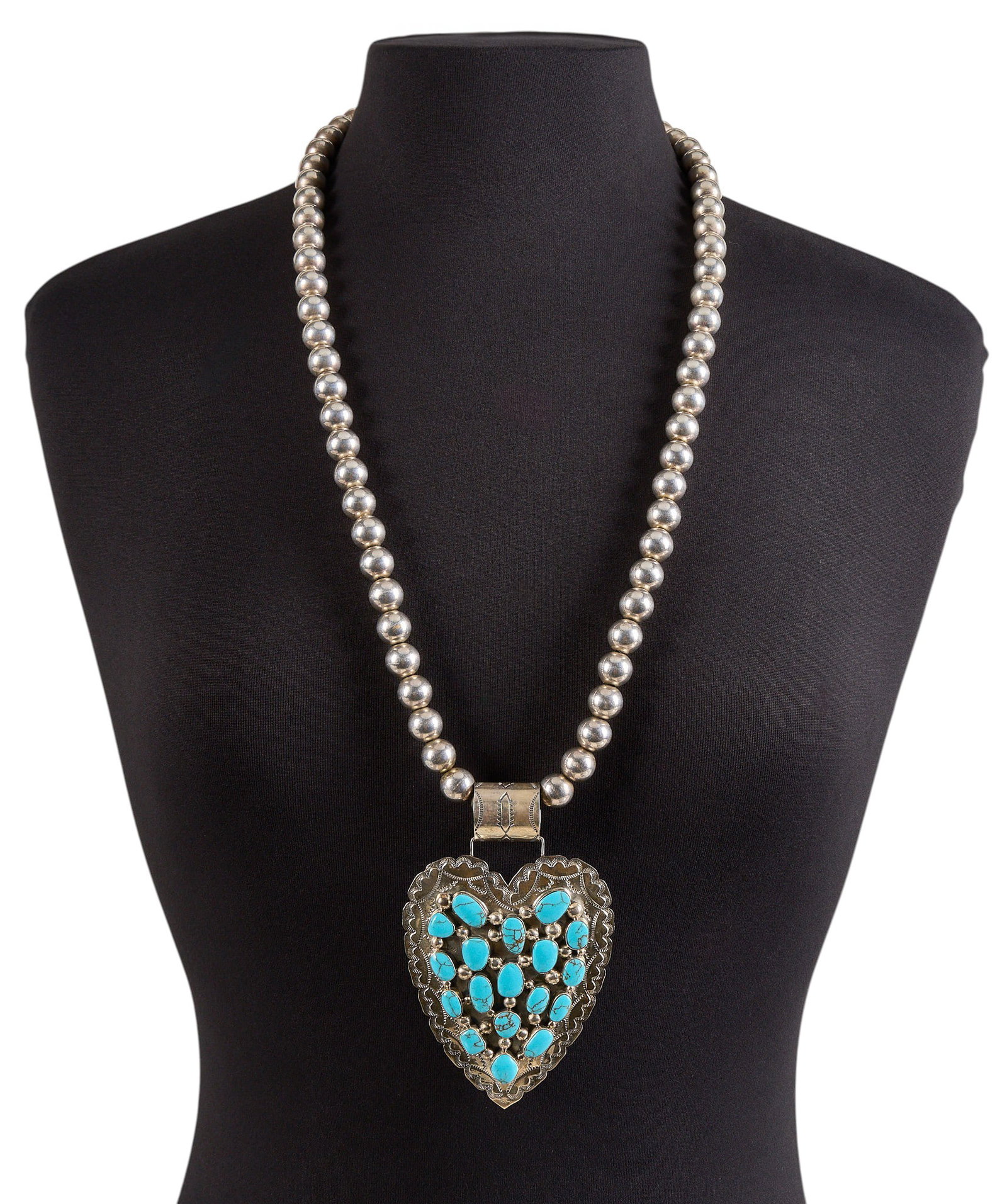 Sterling Silver & Turquoise Heart Pendant Necklace: Sterling silver beaded necklace, featuring heart pendant set with turquoise cabochons in cluster design, and stamped details, marked "Sterling" Length: 31 in. Total weight: 160.8 g