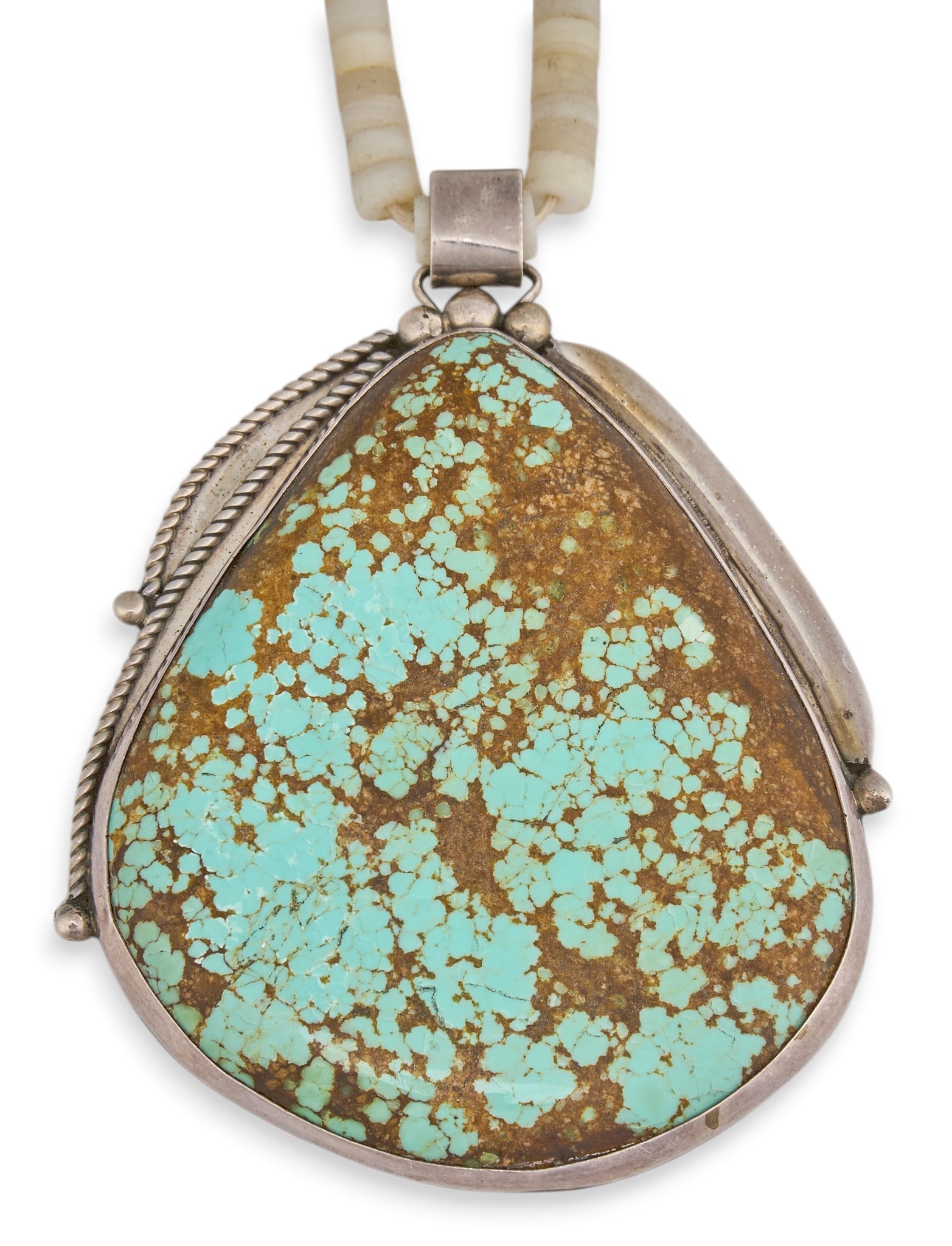 Southwestern Turquoise Pendant Necklace: Southwestern pendant necklace set with beaded turquoise and shell, featuring large pendant set with single turquoise stone and twisted rope motif, marked "R Sterling" Length: 20 in. Total we
