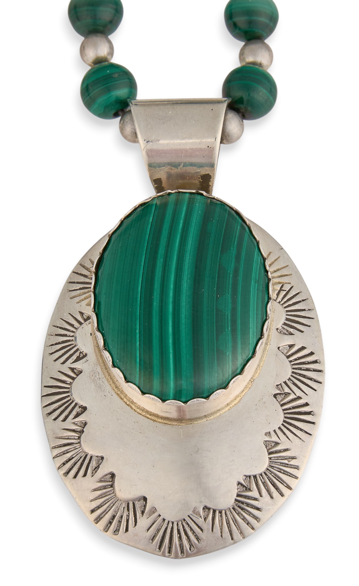 Navajo Sterling & Malachite Beaded Pendant Necklace: Bruce Wood, Navajo sterling silver and malachite beaded pendant necklace, pendant set with single malachite cabochon and stamped details, signed "Bruce Wood Sterling" to reverse Length: 21 i