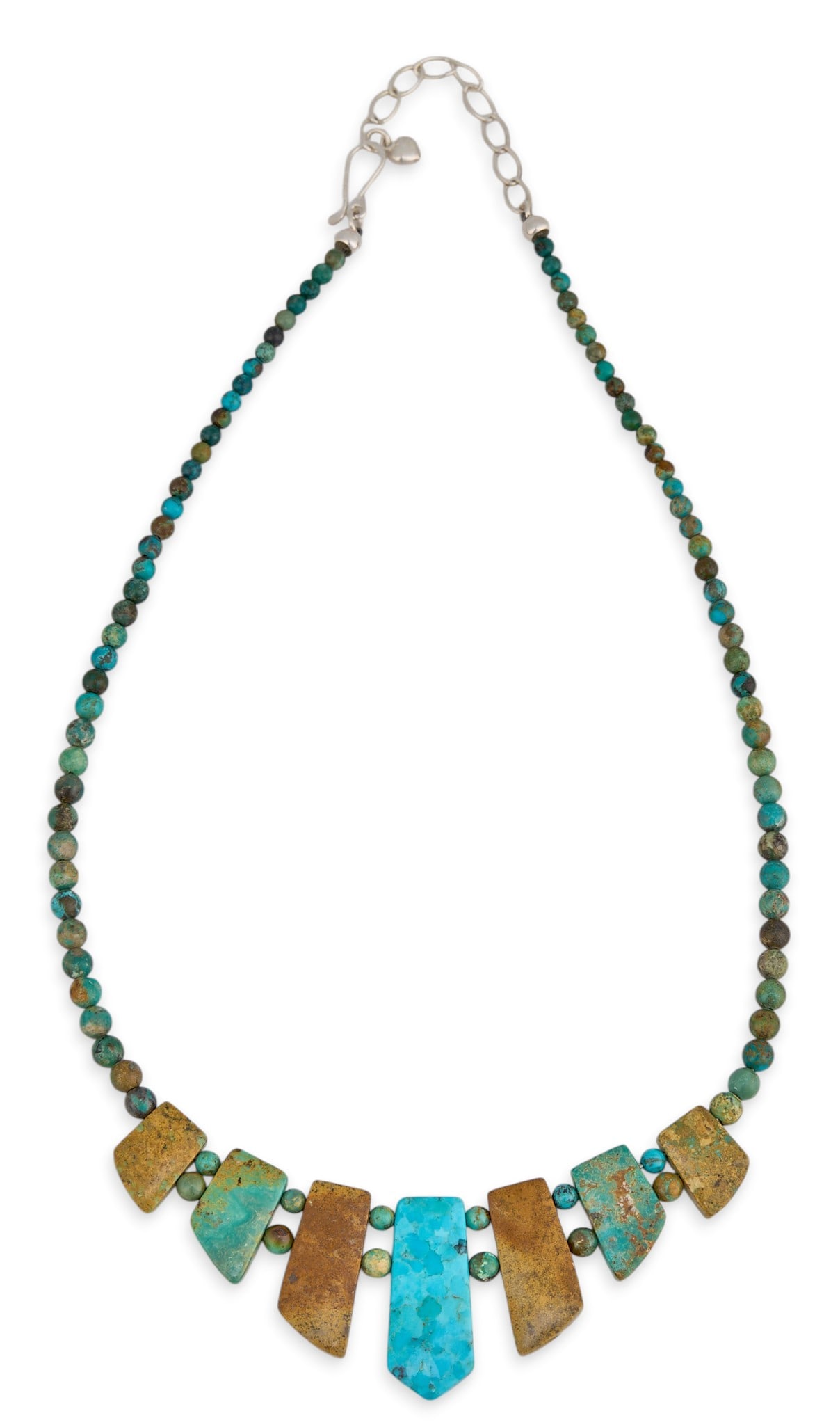 Beaded Multi-Turquoise Necklace: Beaded necklace set with various turquoise types, with sterling silver hook and eye closure Length: 21 in. Provenance: Property from a home in Houston, Texas