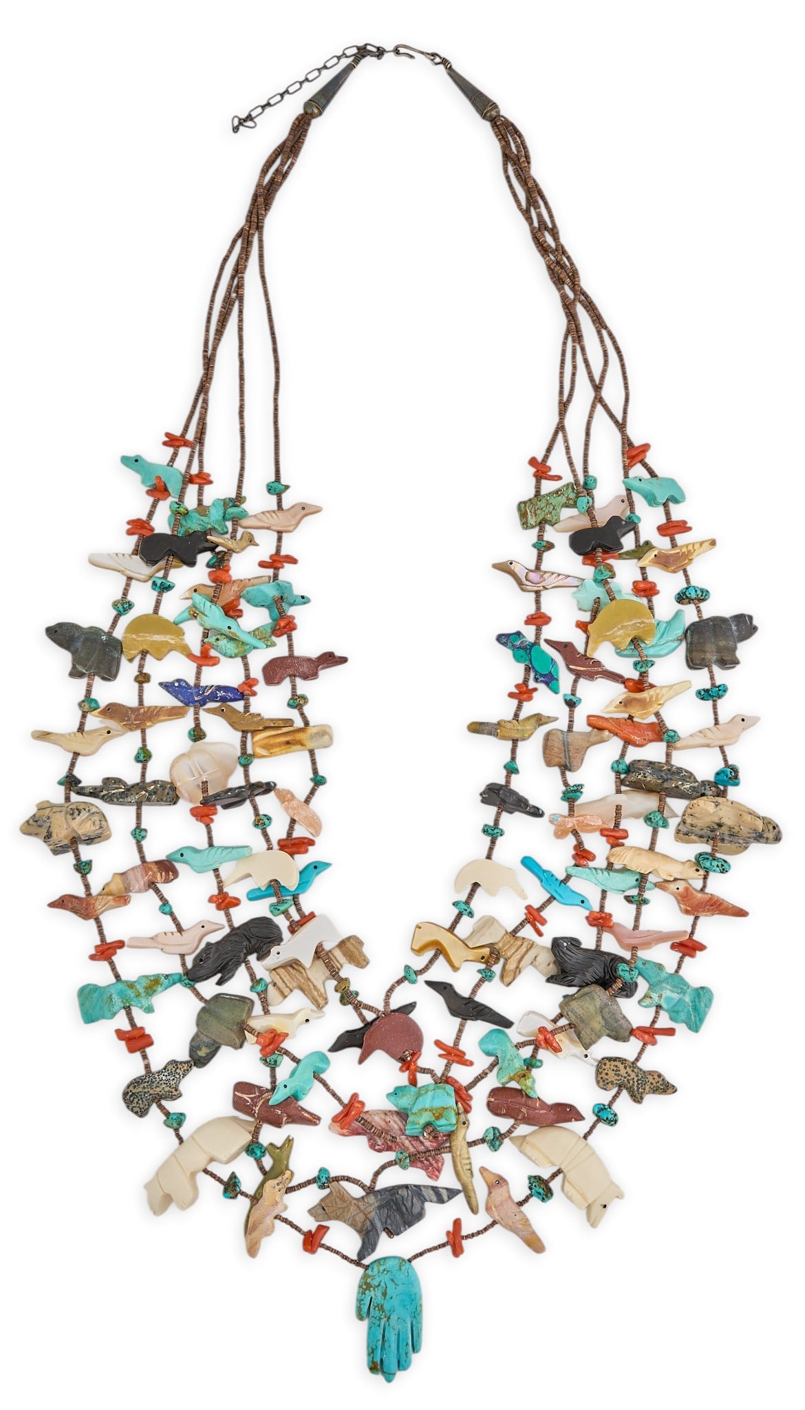 Southwestern Multi-Strand Beaded Fetish Necklace: Southwestern multi-strand beaded fetish necklace with assorted multi-stone animal motif beads, by several notable fetish carvers, with hook and eye closure, and certificate of authenticity Length: 28.