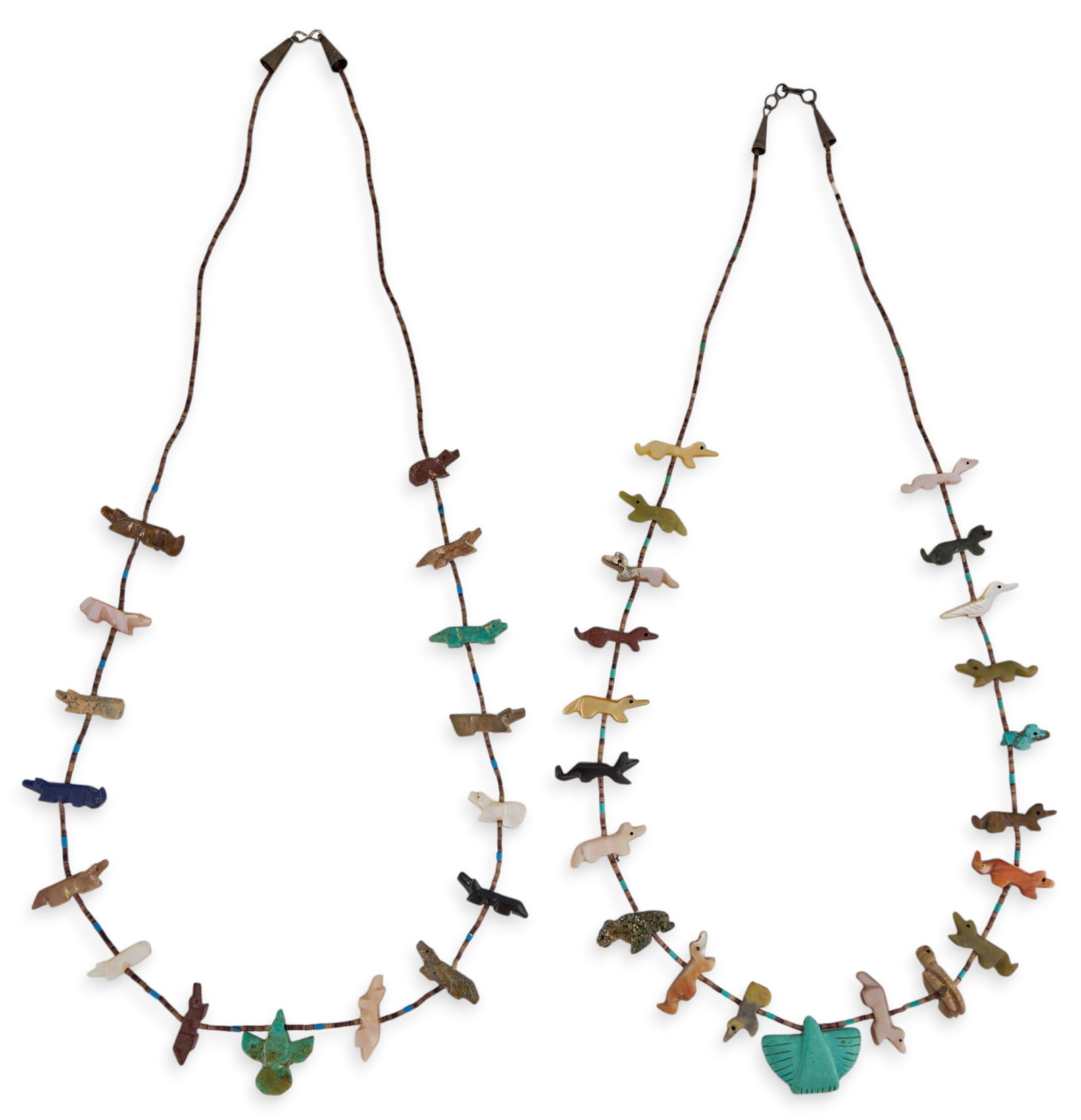 (2) Beaded Fetish Necklaces: Two beaded fetish necklace, composed of carved multi-stone beads and hook and eye closure Length: 29 in. / longest Total weight: 48.9 g Provenance: Property from a San Antonio, Texas antiques collecto