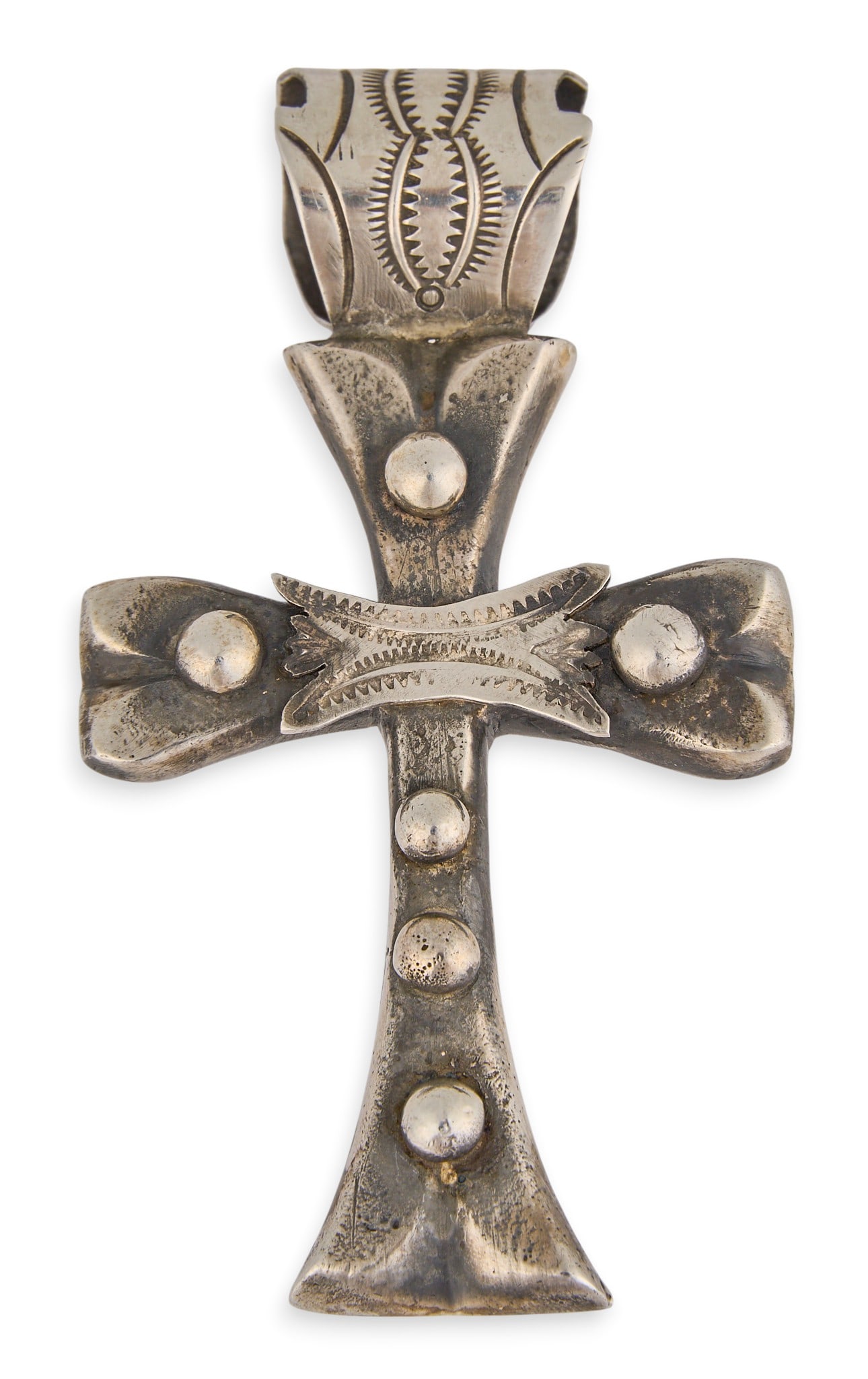 Rocki Gorman, Navajo Cross Pendant: Rocki Gorman, Navajo tufa cast sterling silver cross pendant, with hand-stamped details to pendant and bail, marked to reverse Size: 3.25 in. x 1.75 in. Total weight: 50.8 g