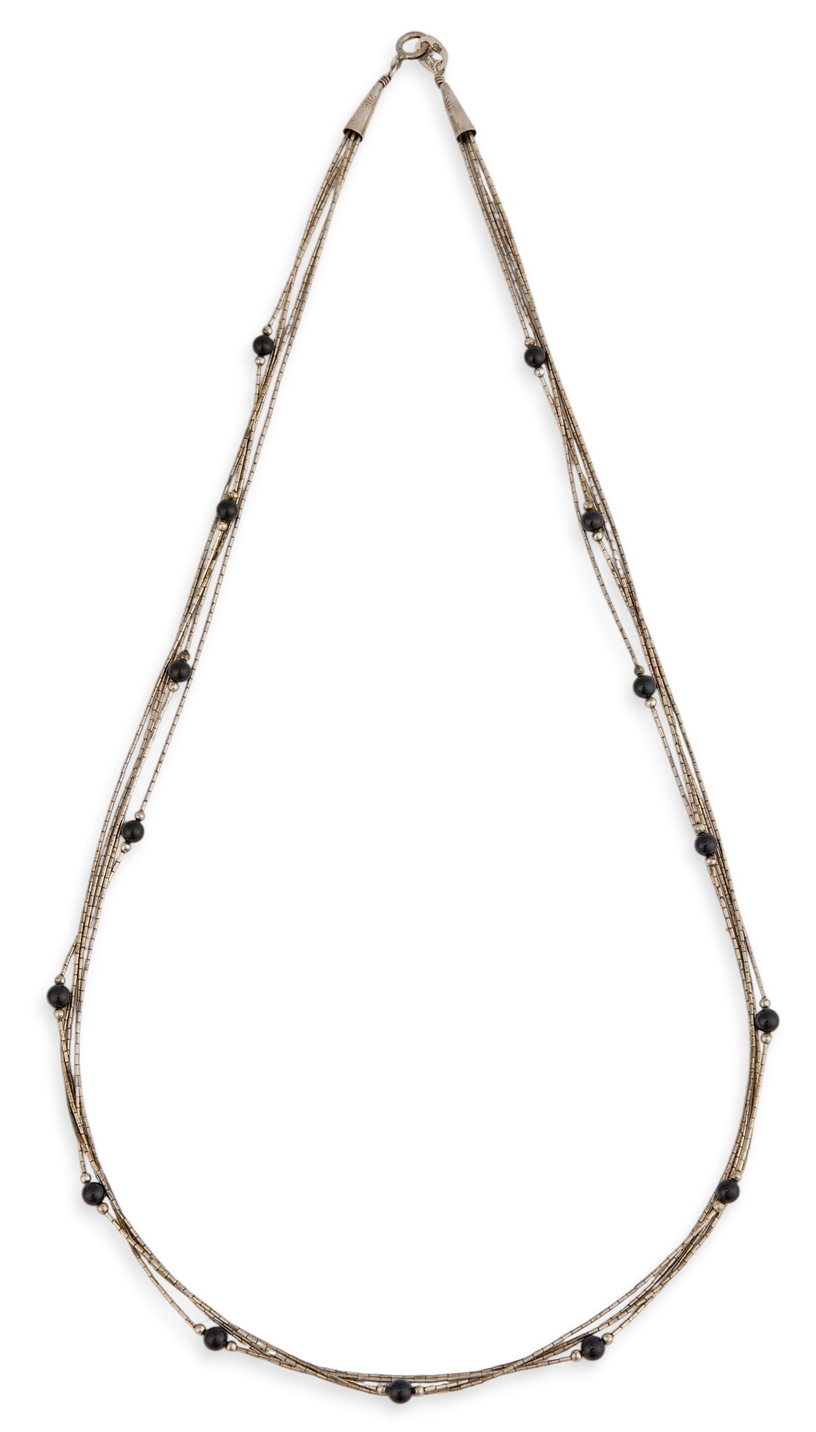 Multi-Strand Sterling & Onyx Necklace: Multi-strand sterling silver necklace, set with onyx bead details, marked "Sterling" Length: 23 in. Total weight: 9.4 g