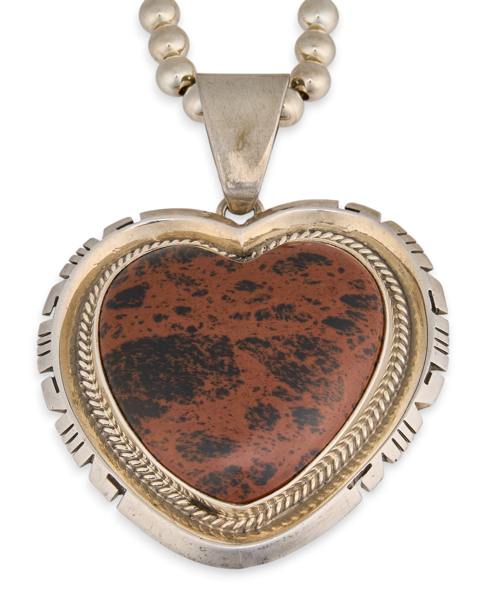 Sterling & Jasper Heart Pendant Necklace: Sterling silver beaded necklace, set with heart pendant featuring jasper and stamped details, with hook and eye closure Length: 18 in. Total weight: 69.4 g