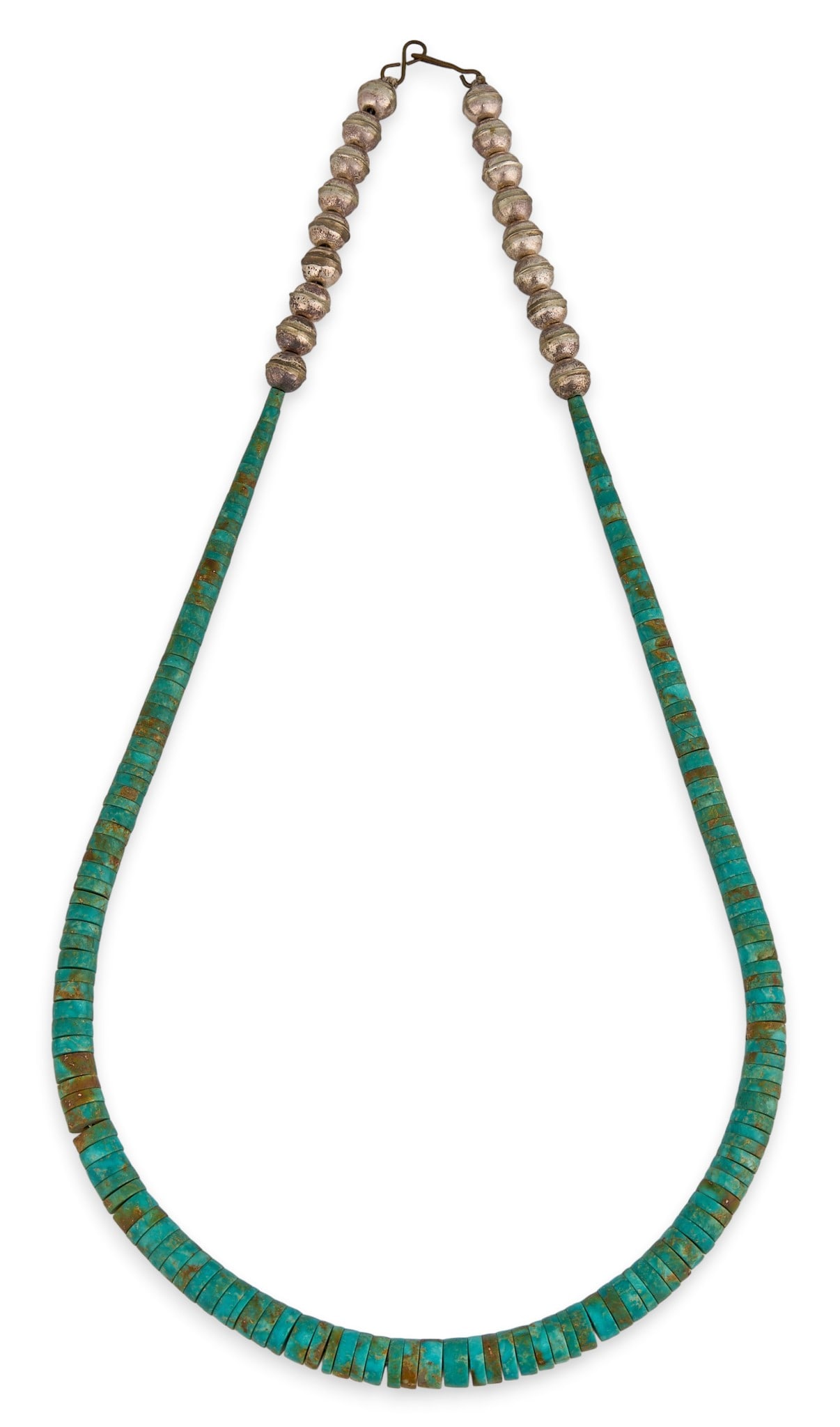 Turquoise Beaded Necklace: Beaded turquoise necklace with silver details and hook and eye closure Length: 24 in. Total weight: 43.3 g Provenance: Property