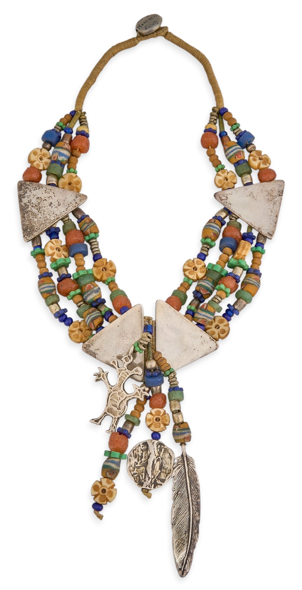 Southwestern Multi-Strand Beaded Necklace: Mary and Doug Hancock, Southwestern multi-stranded beaded necklace, set with multi-stone beads and silver details throughout, featuring various animal and Southwestern motifs, marked by maker Length: 
