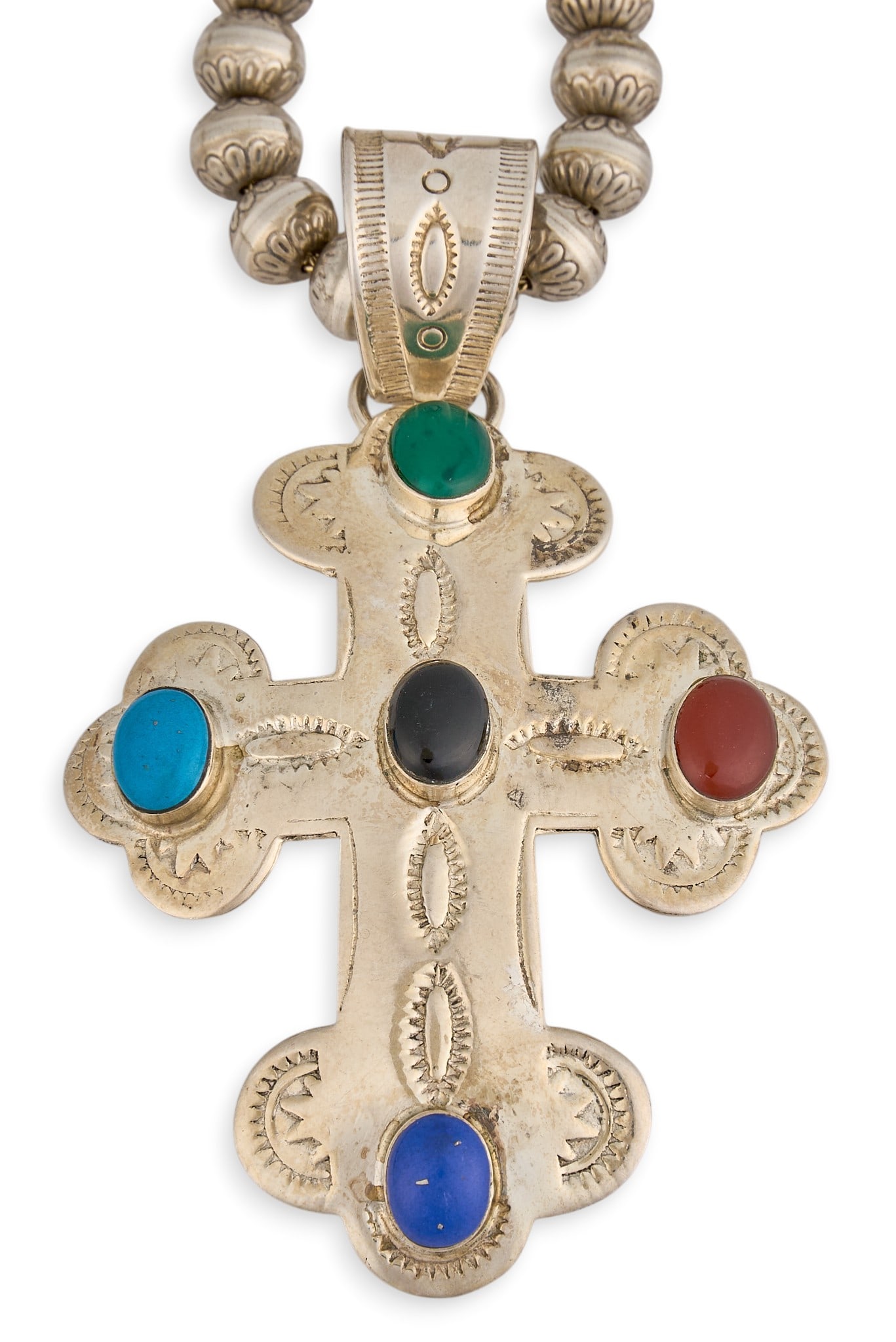 Sterling & Multi-Stone Cross Pendant Necklace: Southwestern sterling silver beaded cross pendant necklace, pendant set with multi-stone cabochons and hand-stamped details, with hook and eye closure Length: 24 in. Total weight: 68.9 g