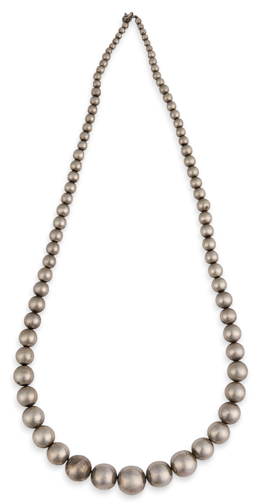 Graduated Sterling Silver Pearl Necklace: Sterling silver graduated beaded necklace, with hook and eye closure, marked "925" Length: 28 in. Total weight: 76.1 g
