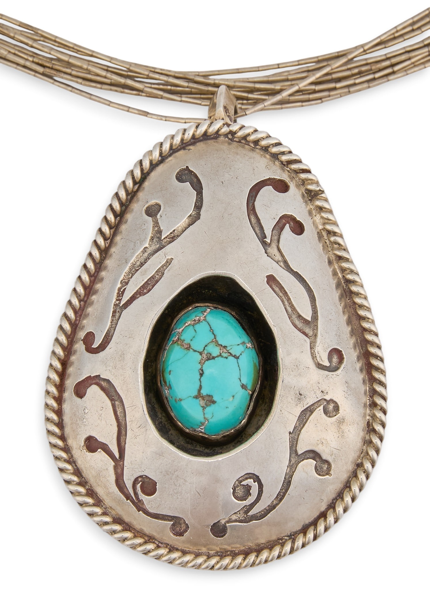 Multi-Strand Sterling & Turquoise Shadowbox Pendant Necklace: Sterling silver multi-strand pendant necklace, set with single turquoise stone and stamped details, marked by maker Length: 24 in. Total weight: 43.7 g