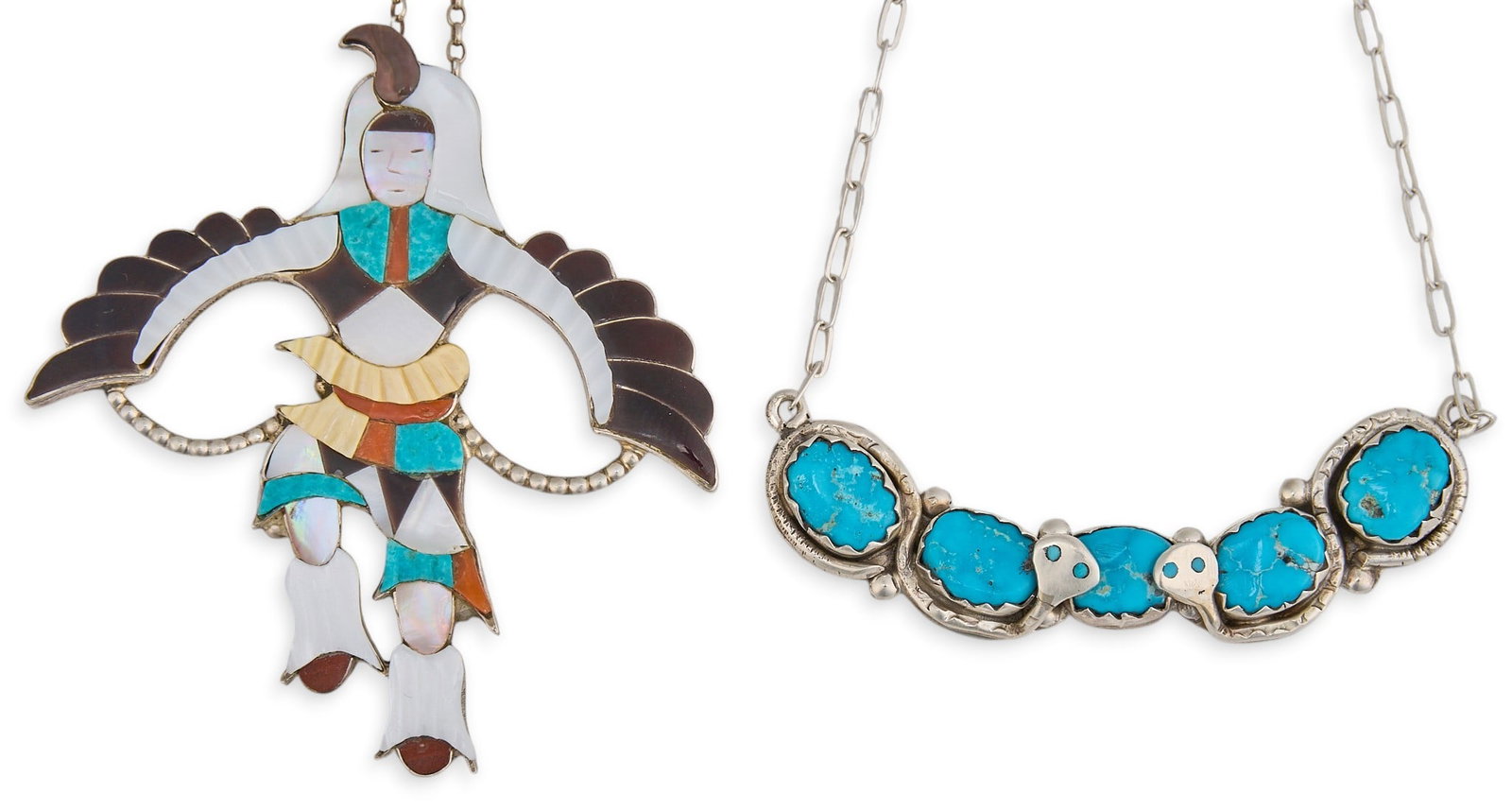 (2) Zuni Sterling Silver & Multi-Stone Pendant Necklaces: Two Zuni sterling silver pendant necklaces, to include snake motif necklace by Effie Calavaza, set with turquoise stones and snake motif, and a figural eagle dancer necklace by Jonathan Beyuka, set wi