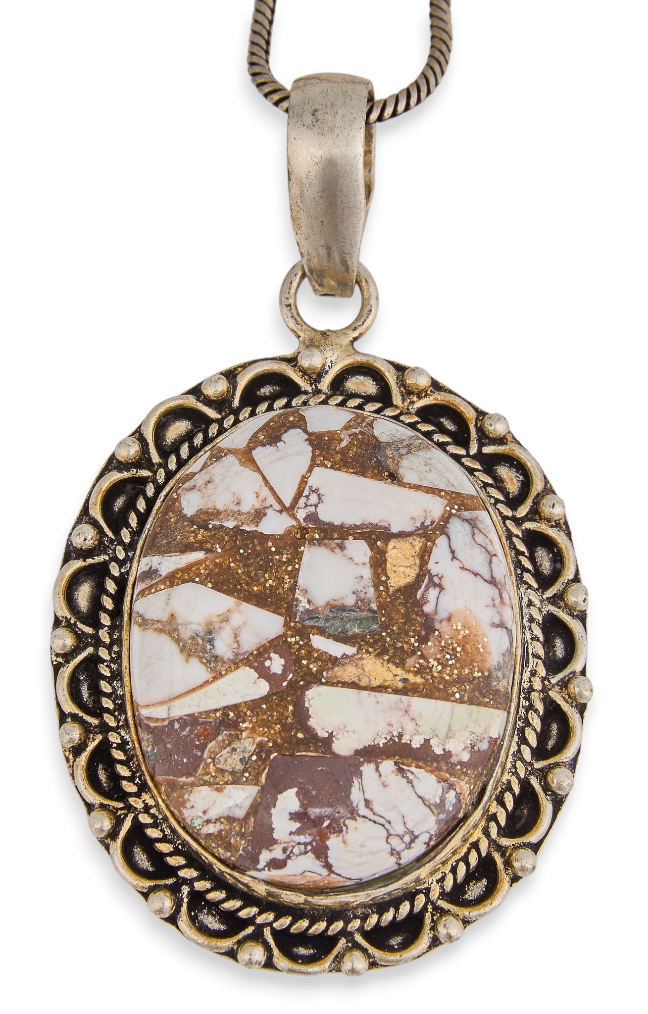 Sterling & Hardstone Pendant Necklace: Sterling silver pendant necklace, pendant set with oval-cut hardstone, featuring twisted rope motif and stamped details Length: 16 in. Total weight: 21.2 g