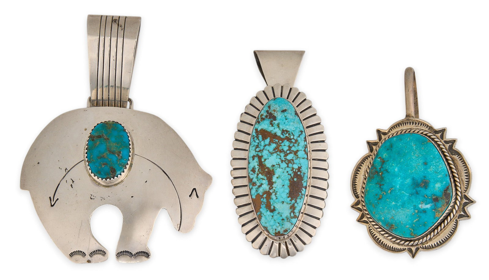 (3) Sterling & Turquoise Pendants: Three sterling silver pendants, each set with turquoise stones and stamped details, all marked Size: 3.25 in. x 2.5 in. / largest Total weight: 77.4 g