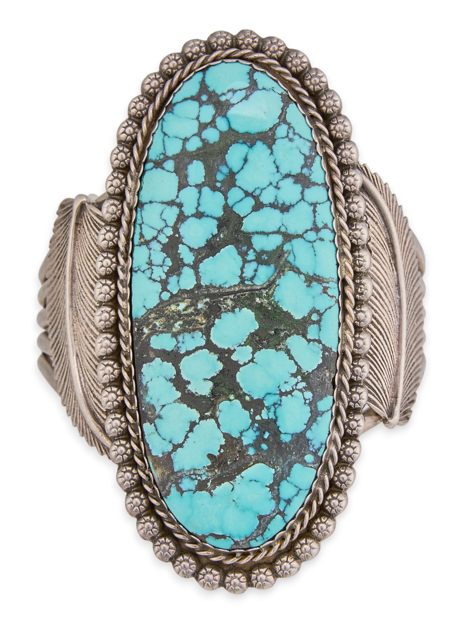Southwestern Sterling Silver & Turquoise Cuff: Southwestern sterling silver cuff bracelet, set with single large turquoise stone, featuring twisted rope and feather motifs, and hand-stamped details, signed "Tom H. Foreman" Circumference: