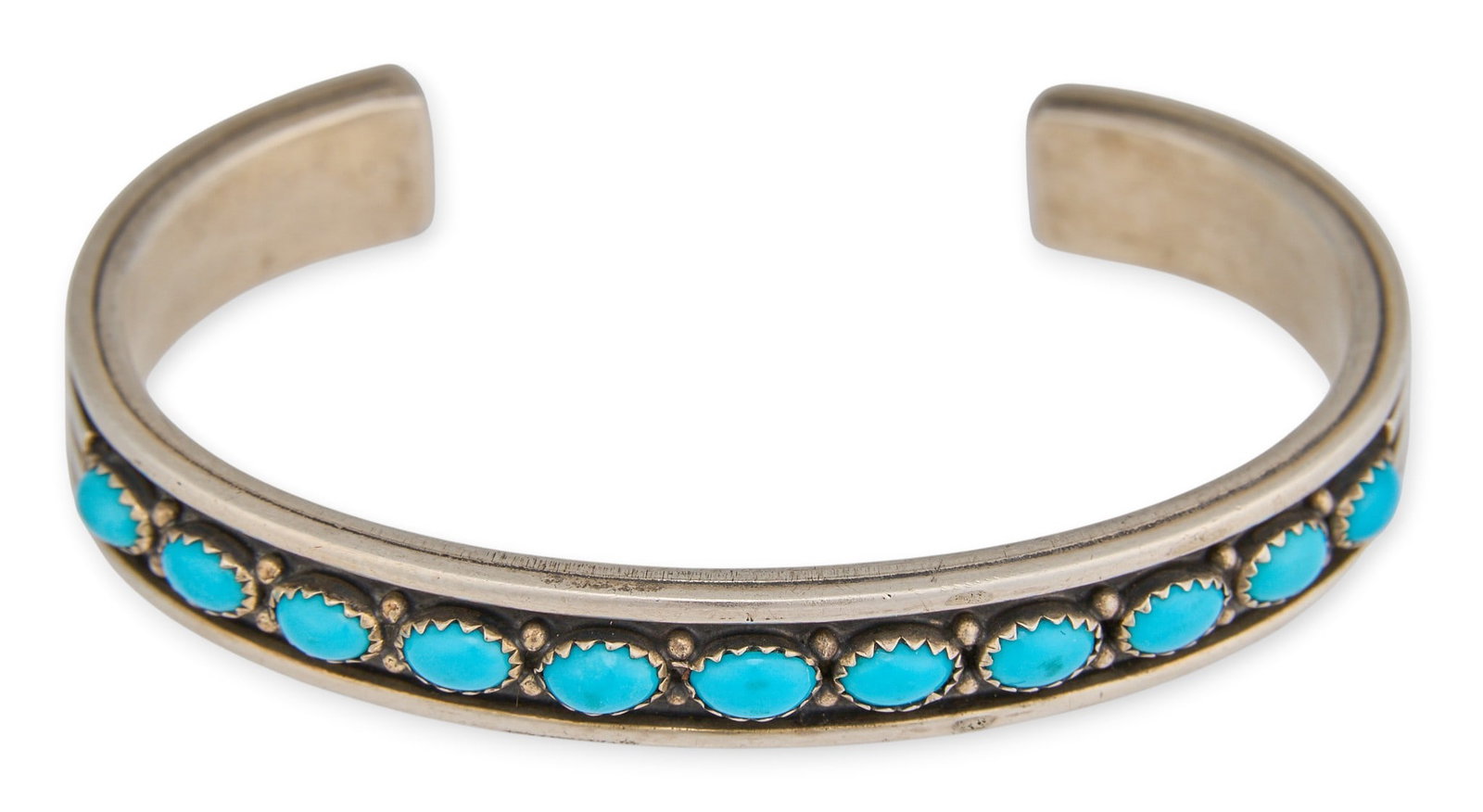 Patrick Yazzie, Navajo Sterling & Turquoise Cluster Cuff: Patrick Yazzie, Navajo sterling silver cuff bracelet, set with turquoise cabochons in cluster design, signed to reverse Circumference: 7 in. Total weight: 39.3 g