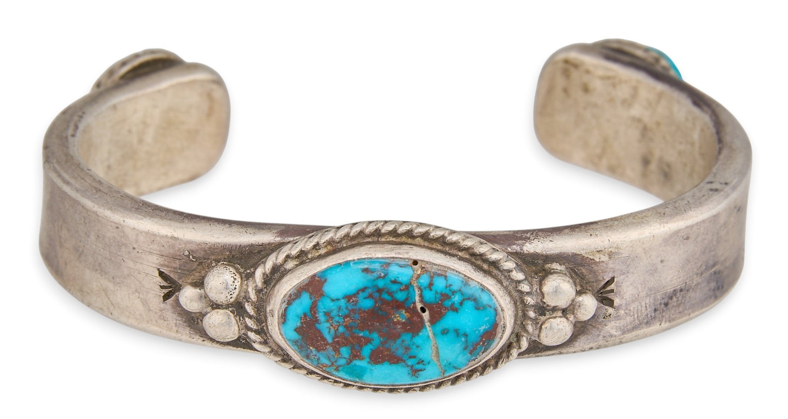 Southwestern Sterling & Turquoise Cuff: Southwestern sterling silver cuff bracelet, set with three turquoise cabochons, featuring twisted rope motifs and stamped details Circumference: 8 in. Total weight: 157.4 g