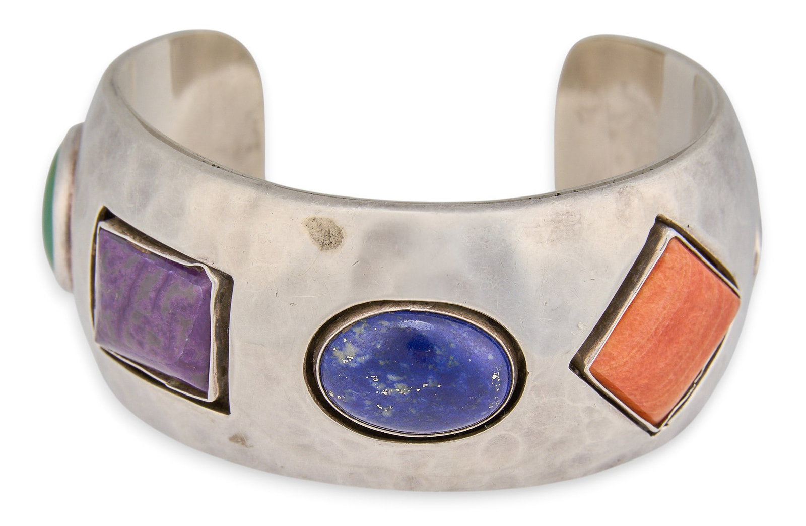 J. Wright, Navajo Sterling Cuff Bracelet: J. Wright marked Navajo sterling silver cuff bracelet with multi-stone setting, marked Circumference: 6.25 in. Total weight: 67.49 g Provenance: Property a home in San Antonio, Texas 