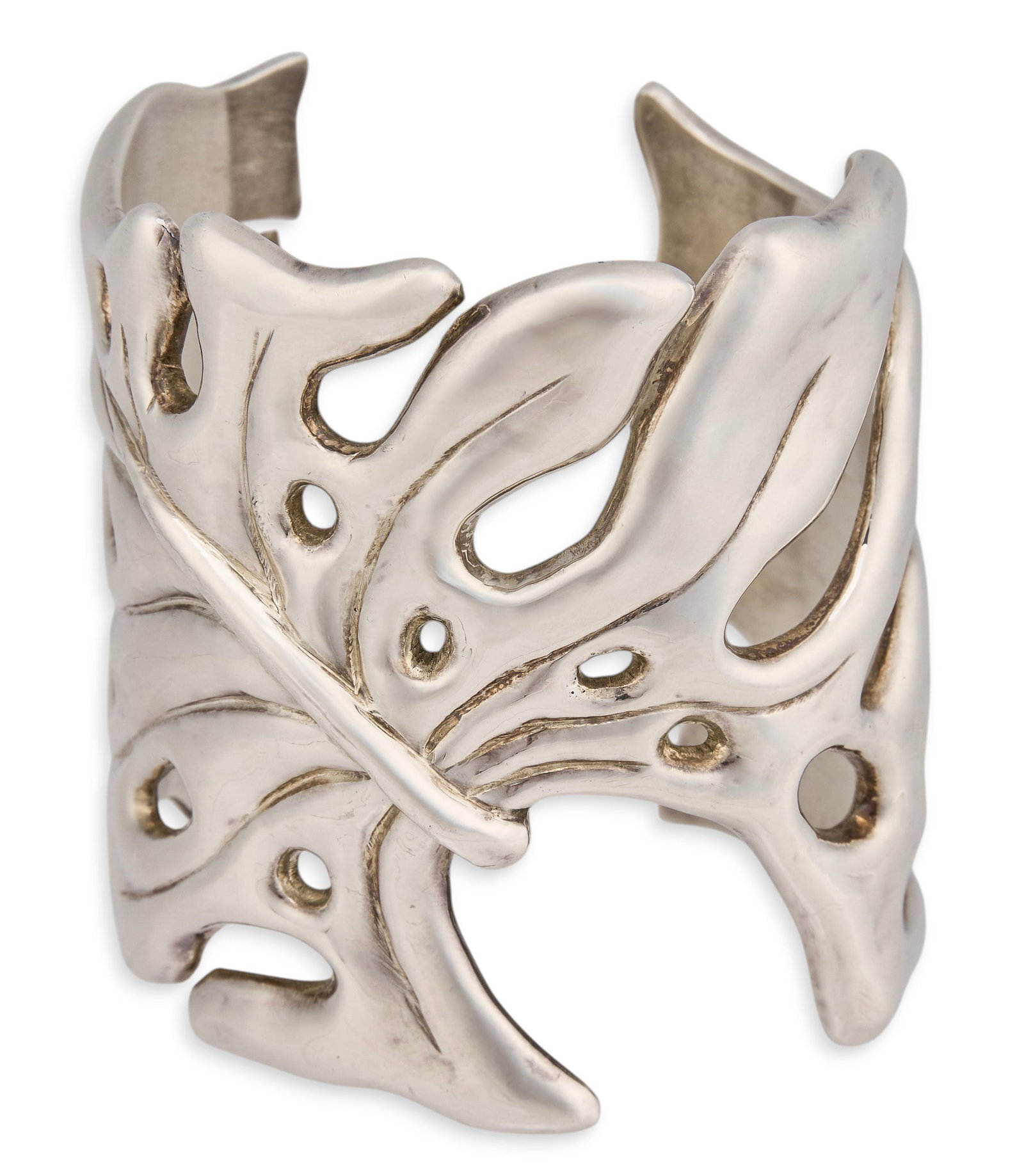 Emilia Castillo, Sterling Silver Leaf Cuff: Emilia Castillo (Taxco, Mexico, b. 1958), sterling silver cuff bracelet with leaf motif, featuring pierced details, stamped by maker and marked as "Sterling" Circumference: 6.75 in. Total we