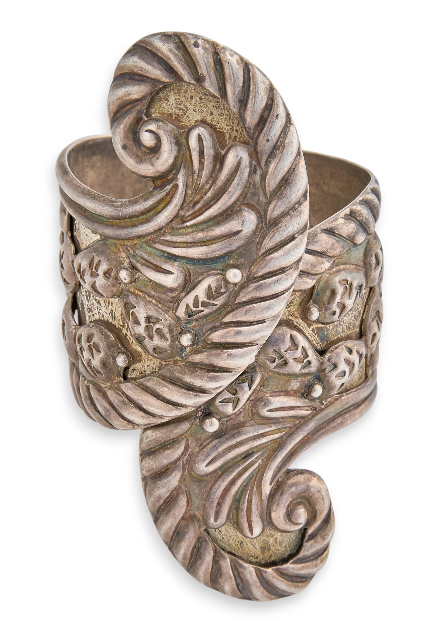 Mexican Sterling Cactus Cuff: Mexican sterling silver hinged cuff bracelet, with cactus and feather motifs throughout, marked "Mexico 925" and "Taxco Sterling" Circumference: 6 in. / adjustable Total weight: 72