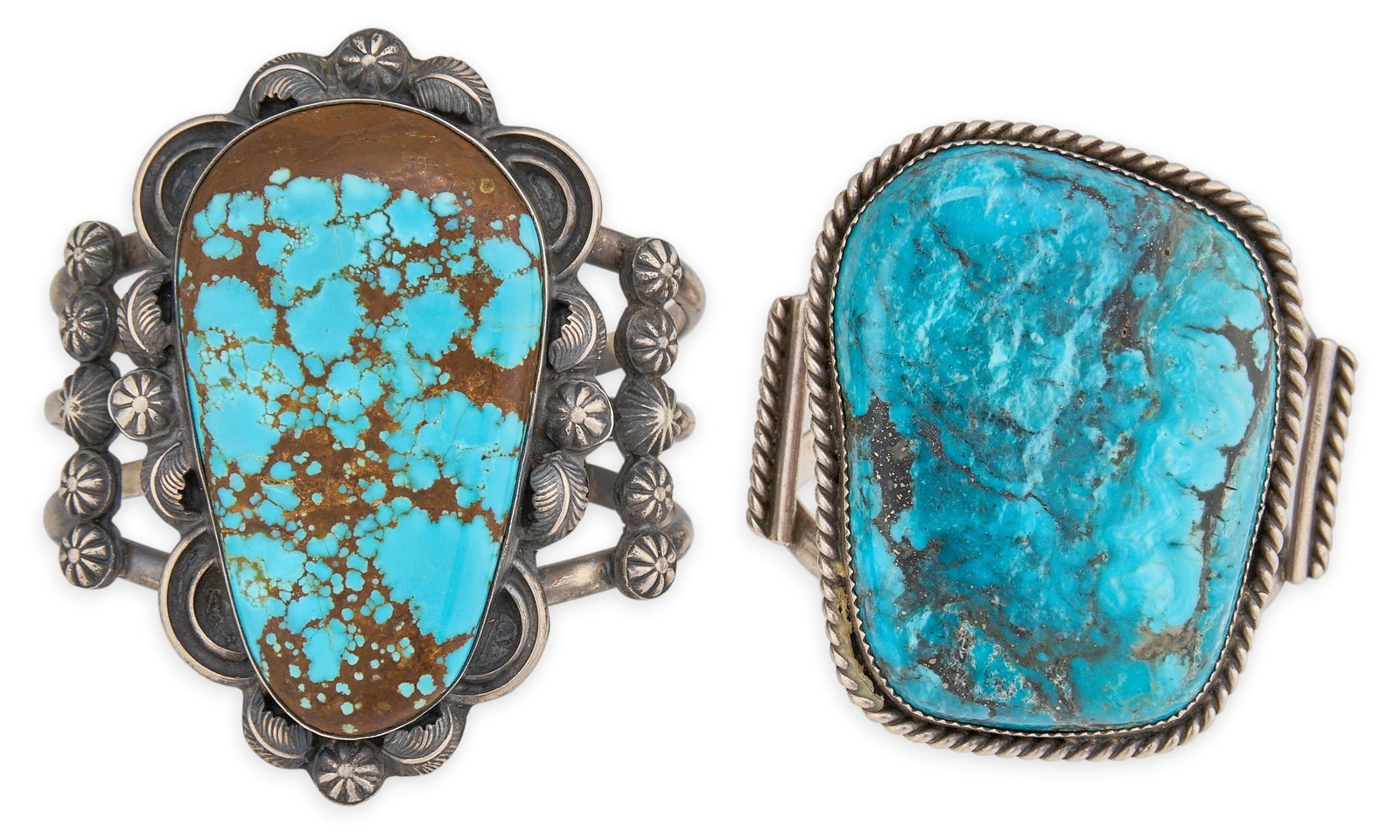 (2) Native American Sterling & Turquoise Cuffs: Two Native American sterling silver cuff bracelets, each set with single large turquoise stone, and featuring twisted rope motifs and hand-stamped details, both signed "Sterling JLC" (likely