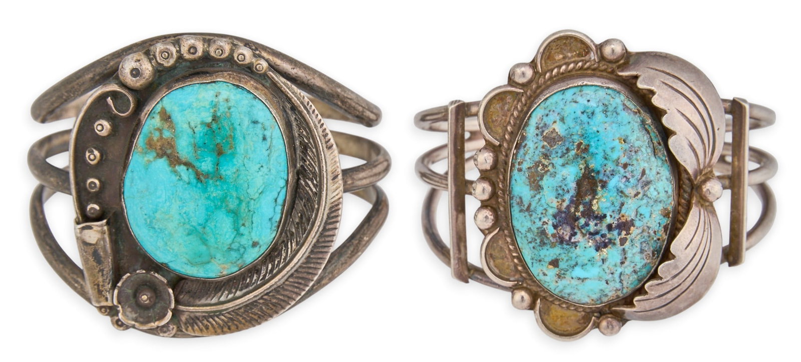 (2) Sterling Silver & Turquoise Cuffs: Two sterling silver cuff bracelets set with turquoise stones Circumference: 6 in. / each Total weight: 110.1 g Provenance: Property from a home in San Antonio, Texas