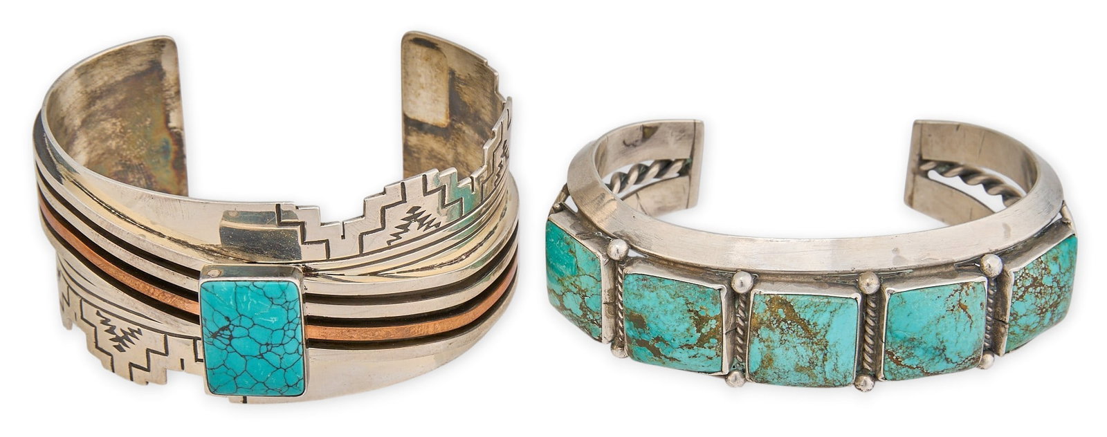 (2) Native American Sterling & Turquoise Geometric Cuffs: Two Native American sterling silver cuffs set with rectangular turquoise stones and geometric design, both signed Circumference: 6.75 in. / largest Total weight: 142.3 g Provenance: Propert