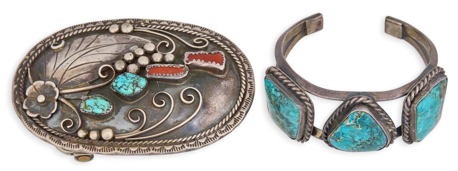 (2) Southwestern Sterling SIlver Multi-Stone Cuff & Buckle: Southwestern sterling silver buckle and cuff, buckle set with turquoise and coral stones with floral motifs and stamped details, cuff set with three turquoise stones and twisted rope motifs, both mark