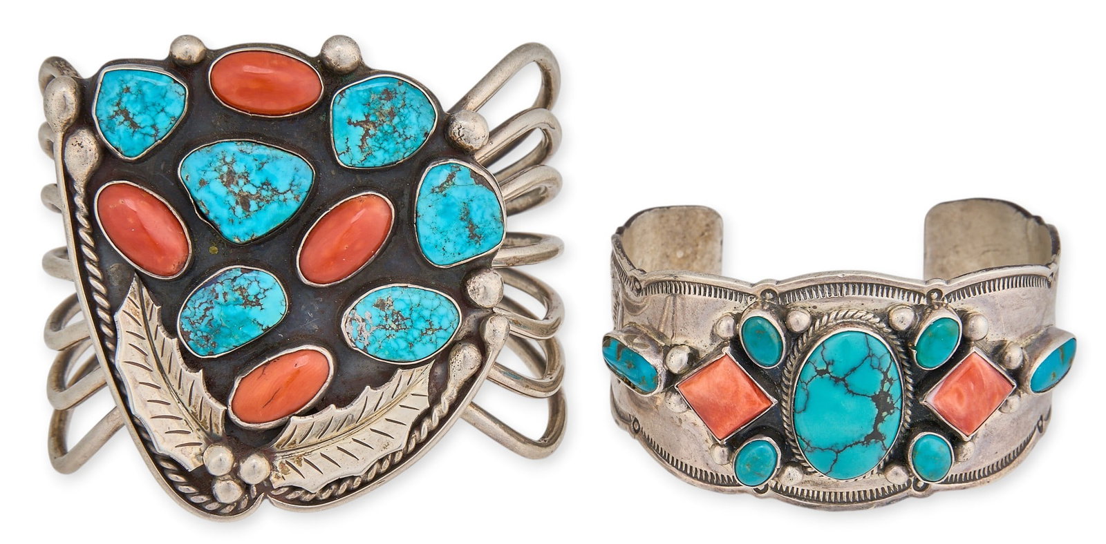 (2) Native American Sterling Silver Turquoise & Coral Cuffs: Two Native American sterling silver cuff bracelets set with turquoise and coral cuffs, one by Aaron Toadlena, one signed "TL" or "LL" Circumference: 6.5 in. / largest Total we