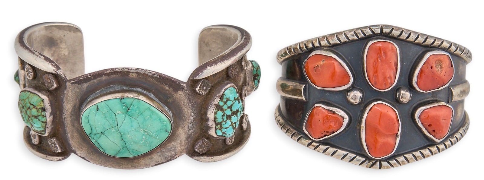 (2) Southwestern Sterling, Turquoise, and Coral Cuffs: Two Southwestern sterling silver cuff bracelets, set with turquoise and coral stones, featuring stamped details, signed "RR" and "JC" Circumference: 7.5 in. / largest Total weight: