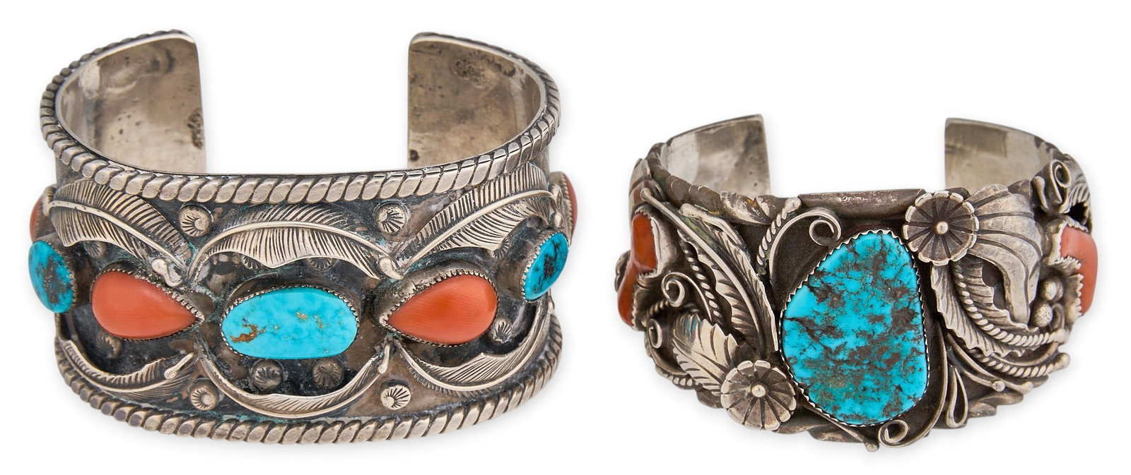 (2) Sterling Silver Turquoise & Coral Cuffs: Two sterling silver bracelet cuffs set with turquoise and coral stones, with larger cuff by Navajo artisan Carl Luthy Circumference: 7 in. / largest Total weight: 169.4 g Provenance: Property from a h