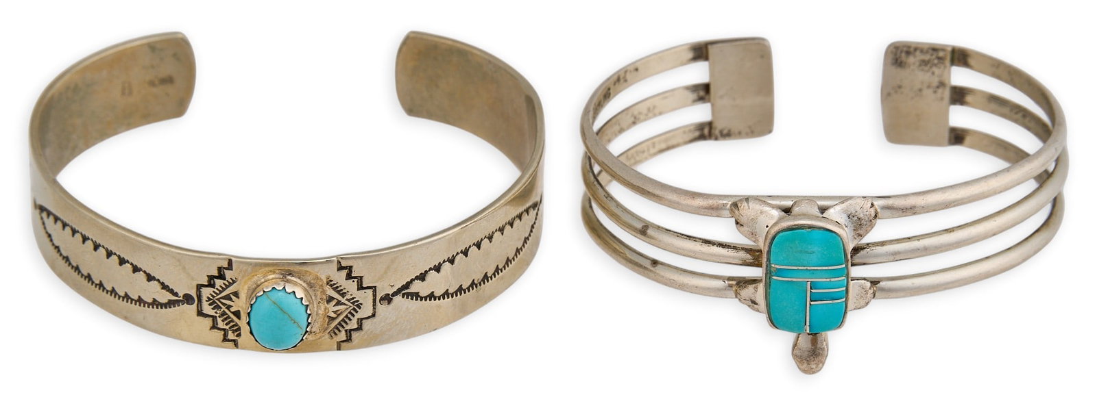 (2) Sterling Silver & Turquoise Cuff Bracelets: Two sterling silver cuff bracelets, each set with turquoise, featuring stamped details, marked "Sterling", one signed "B" Circumference: 6.75 in. / largest Total weight: 42.9 g