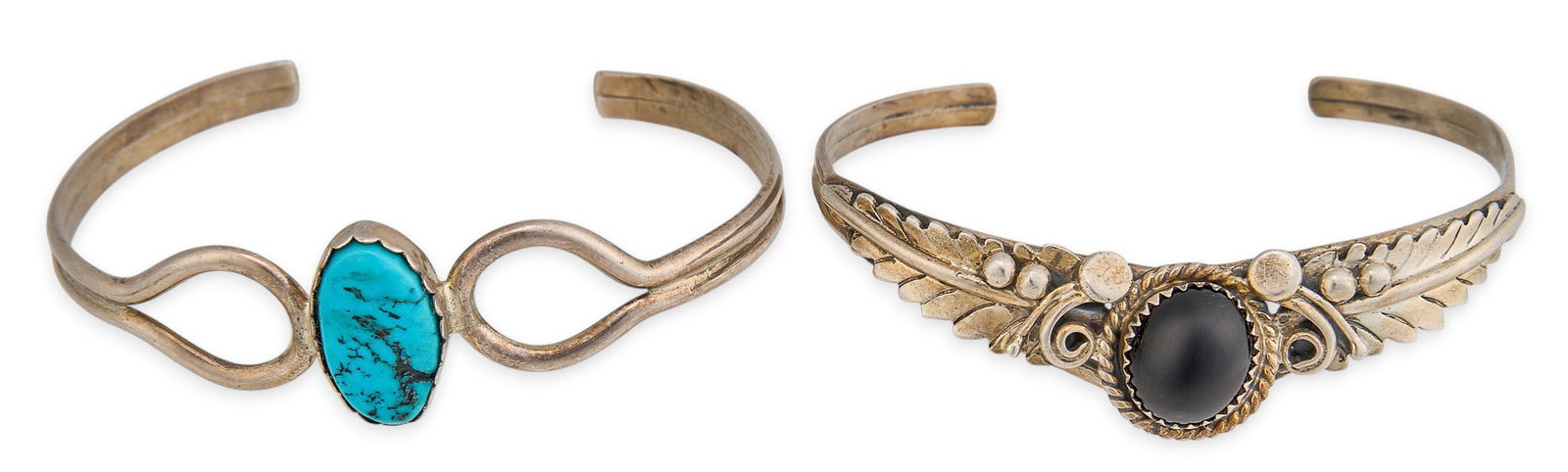 (2) Sterling Silver Cuff Bracelets: Two sterling silver cuff bracelets, each set with turquoise or onyx cabochon to center, featuring feather and twisted rope motifs, marked "Sterling" Circumference: 6.5 in. / each Total weigh
