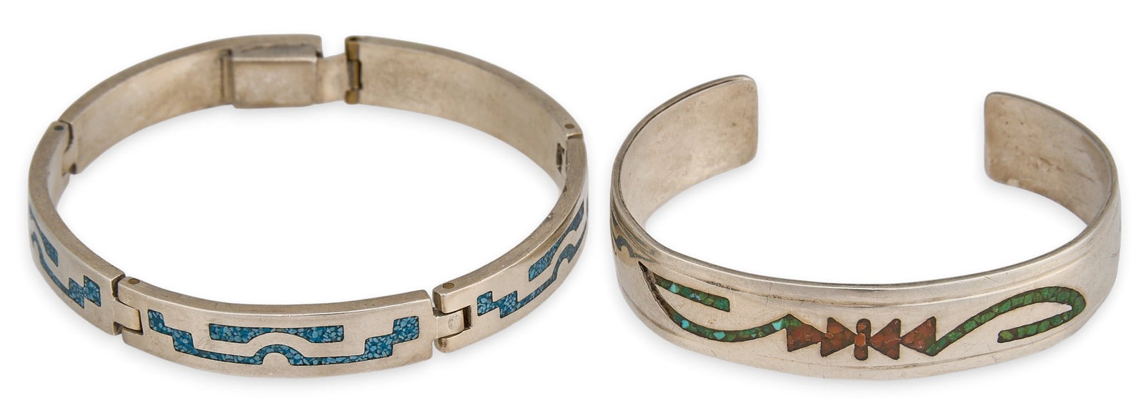 (2) Sterling & Multi-Stone Chip Inlay Cuffs: Two sterling silver cuff bracelets, each set with chip inlay featuring turquoise and coral, one marked "Mexico 925" Circumference: 7.5 in. / largest Total weight: 62.4 g