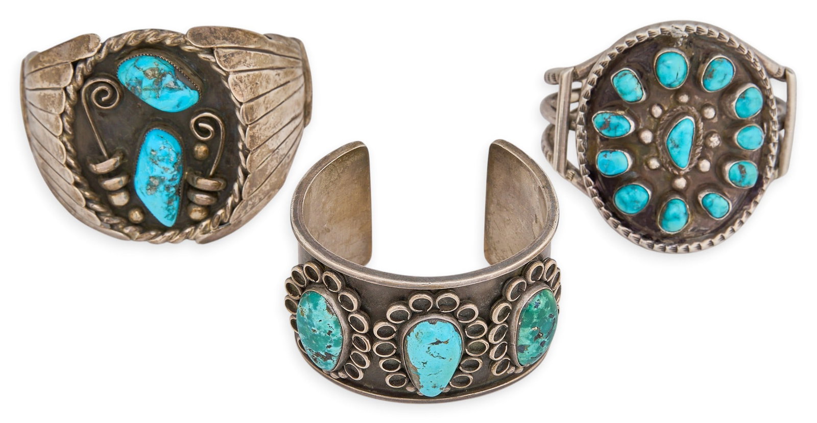 (3) Sterling Silver & Turquoise Cuffs: Three sterling silver cuffs set with turquoise stones Circumference: 6.75 in. / largest Total weight: 322.3 g