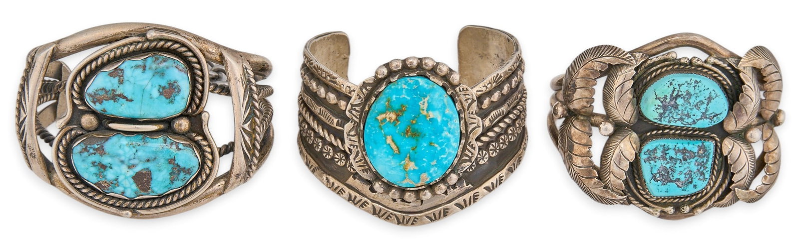 (3) Sterling Silver & Turquoise Cuffs: Three sterling silver cuff bracelets set with turquoise stones, one with safety chain, one signed "Adam Fierro", and one signed "Ivan V" Circumference: 7 in. / largest T