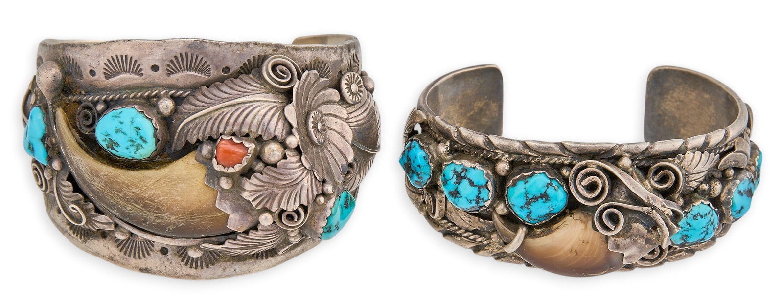 (2) Sterling Silver & Multi-Stone Bear Claw Cuffs: Two sterling silver cuffs with set with multiple stone types, and bear claws, one marked "Sterling" with triangle, and other marked "SSSS" Circumference: 7.25 in. / larg