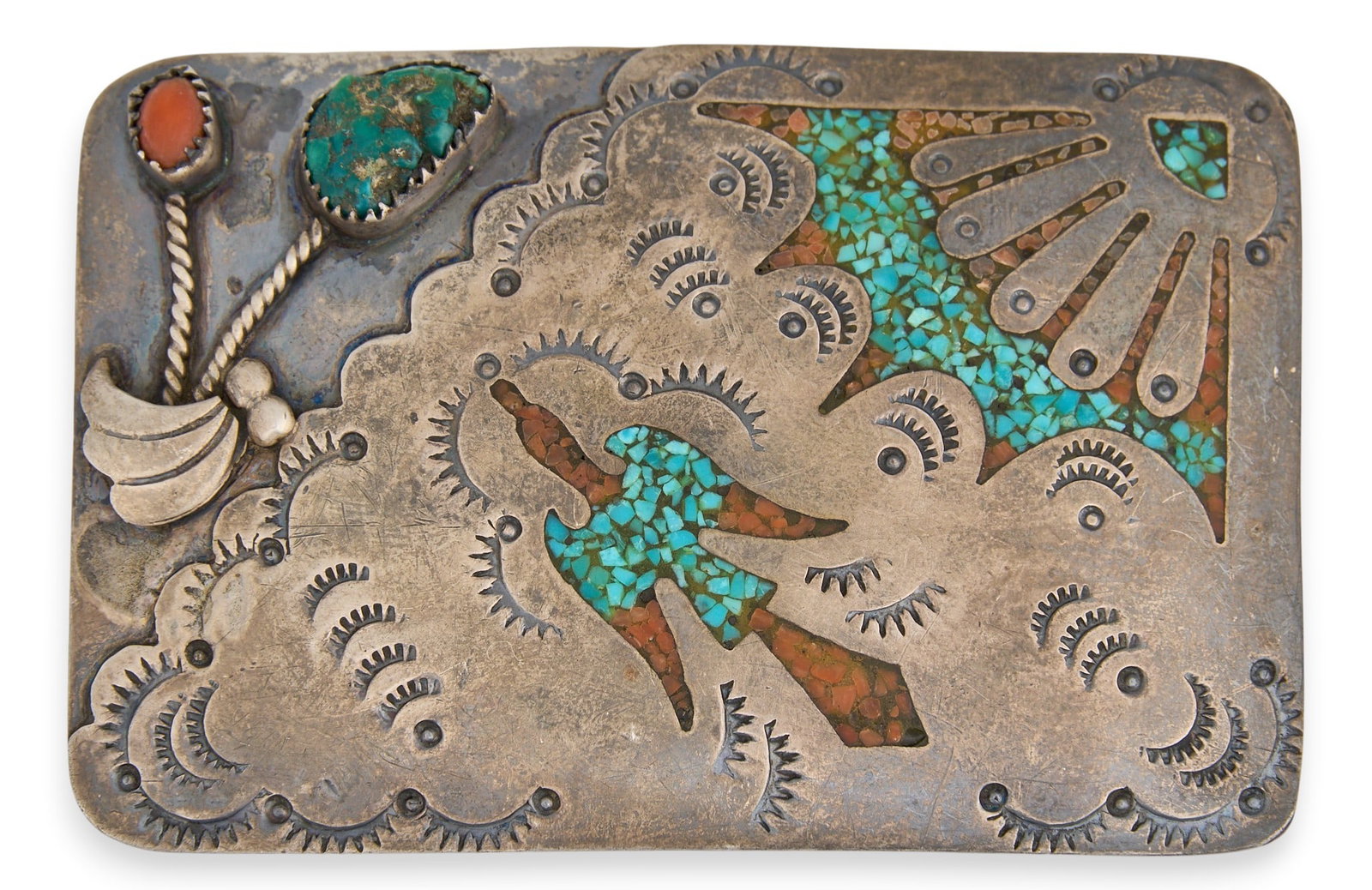 Navajo Sterling & Multi-Stone Inlay Buckle: Gilbert Ortega Shop, Navajo sterling silver buckle, set with turquoise and coral stones and chip inlay, with hand-stamped details throughout, stamped with maker's mark "HMIJ" and "S