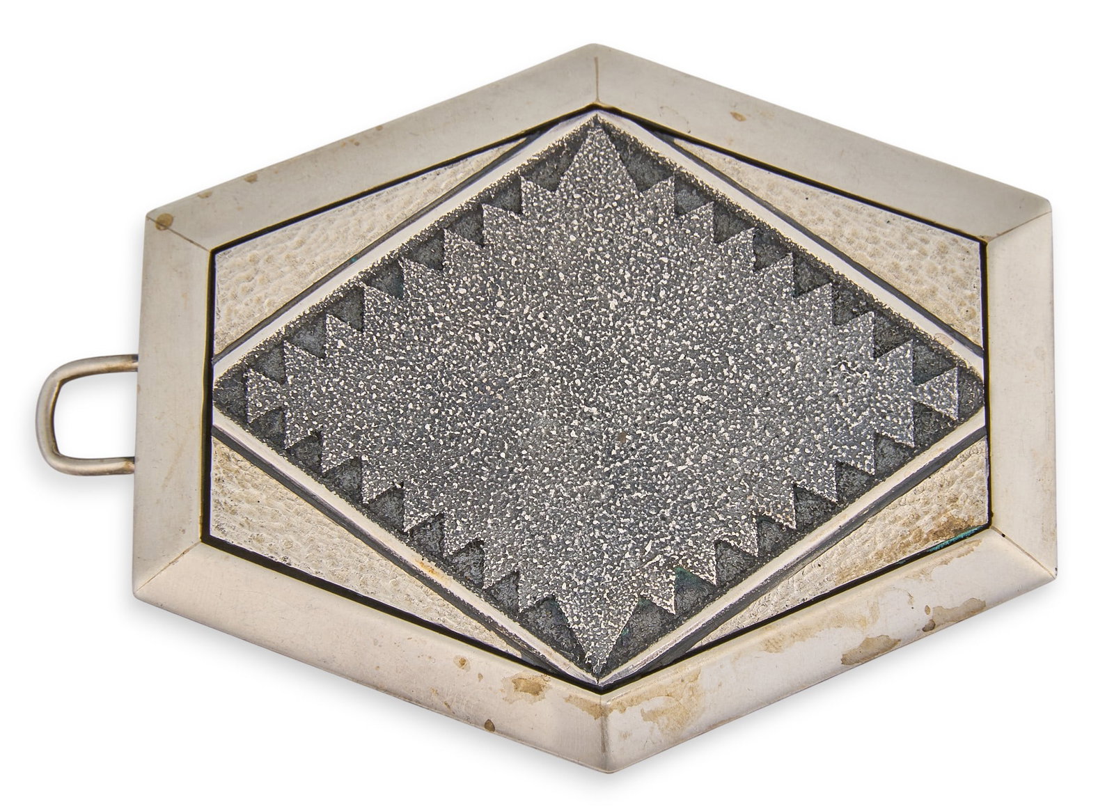 Alfred Joe, Navajo Sterling Belt Buckle: Alfred Joe, Navajo sterling silver belt buckle with geometric design, marked "Sterling" and "AJ" Size: 3.5 in. x 2.5 in. Total weight: 68.1 g