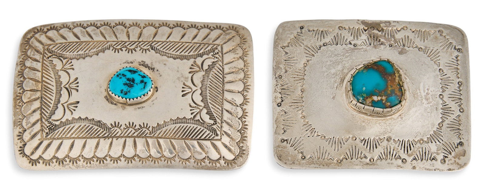 (2) Sterling Silver & Turquoise Buckles: Two sterling silver buckles, each set with single turquoise stone, and featuring stamped details throughout, both marked "Sterling", one marked "RD", possibly by Ray Delgarito
