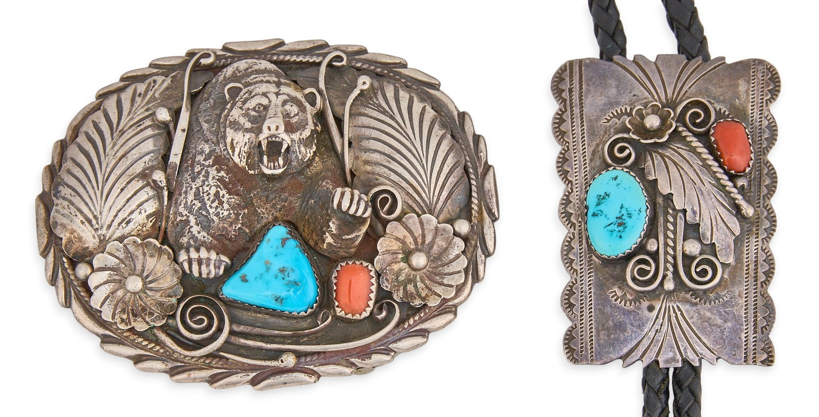 Vintage Sterling Silver Turquoise & Coral Bolo and Buckle: Sterling silver bolo tie and buckle, both pieces set with turquoise and coral stones, featuring feather and floral motifs, and hand-stamped details, bolo tie on braided black leather cord, marked