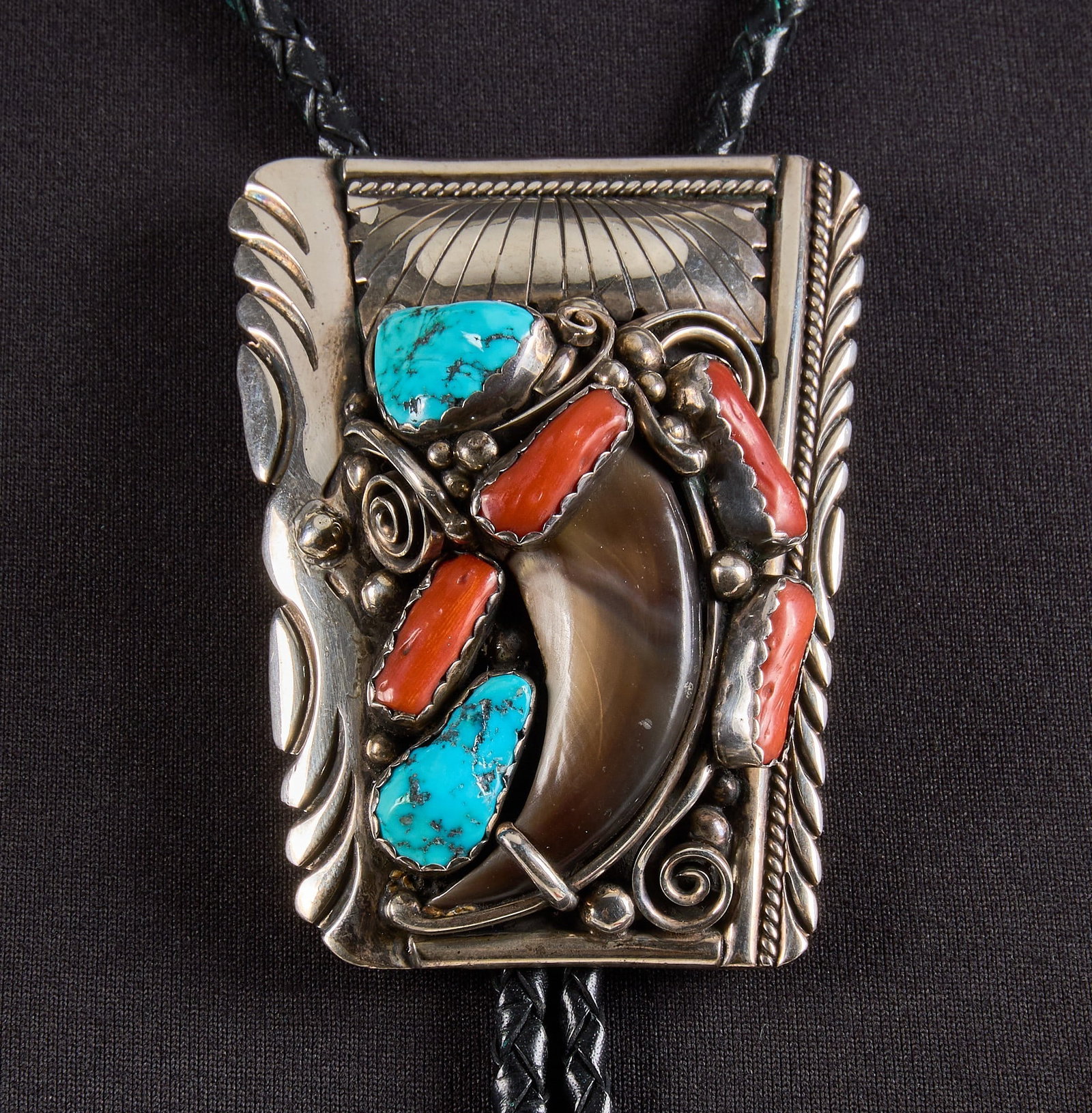 Vintage Bear Claw, Coral, Turquoise Bolo Tie (1 of 4)