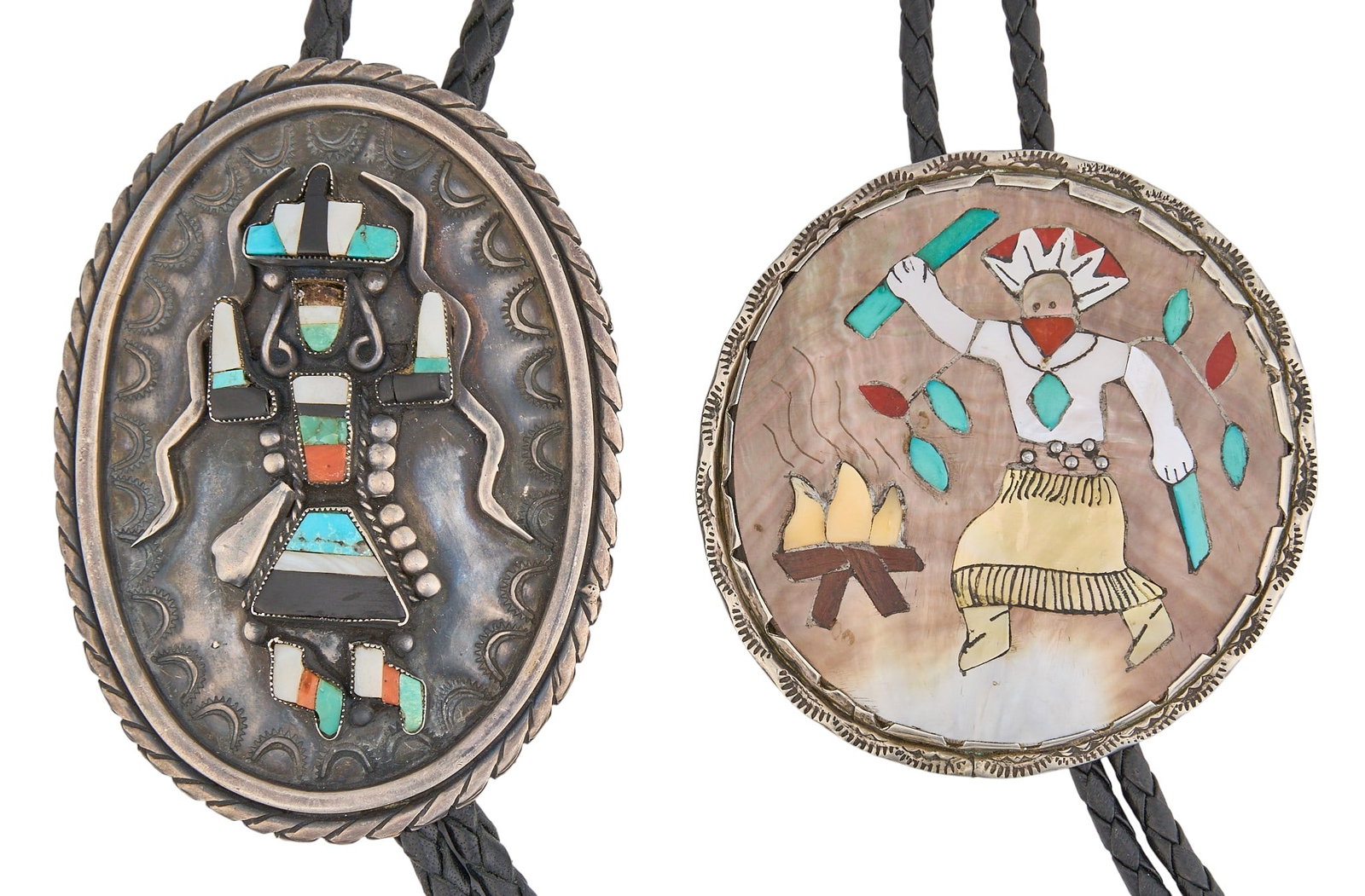 (2) Zuni Sterling & Multi-Stone Kachina Bolos: Two Zuni sterling silver bolo ties with figural kachina motifs, each set with multi-stone inlay and stamped details, on braided black leather cords, both marked by maker to reverse Length: 43 in. / lo