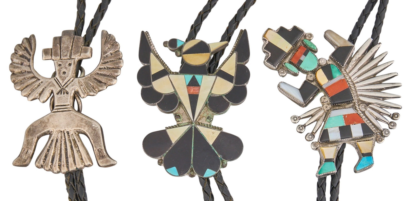 (3) Zuni Sterling & Multi-Stone Figural Bolos: Three Zuni sterling silver figural bolo ties, set with multi-stone inlay and twisted rope motifs, featuring hand-stamped details, on braided black leather cords, signed "Dishta Zuni Sterling"