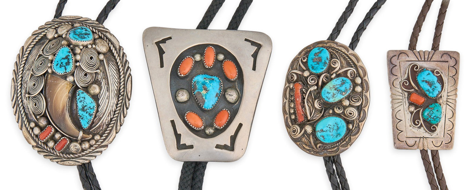 (4) Sterling Silver Turquoise & Coral Bolos: Four sterling silver bolo ties, each set with turquoise and coral stones, featuring various Native American and Southwestern motifs, on braided leather cords, one bolo marked "Navajo Handmade J.S