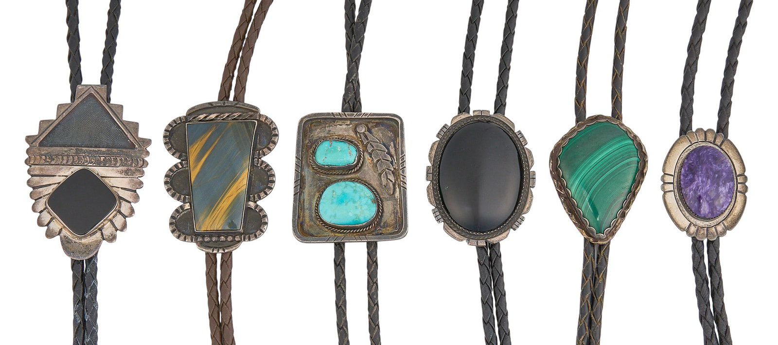 (6) Southwestern Sterling & Multi-Stone Bolos: Six Southwestern sterling silver bolo ties, set with various semi-precious stones and inlay, featuring twisted rope motifs and stamped details, on braided leather cords, several marked Length: 40 