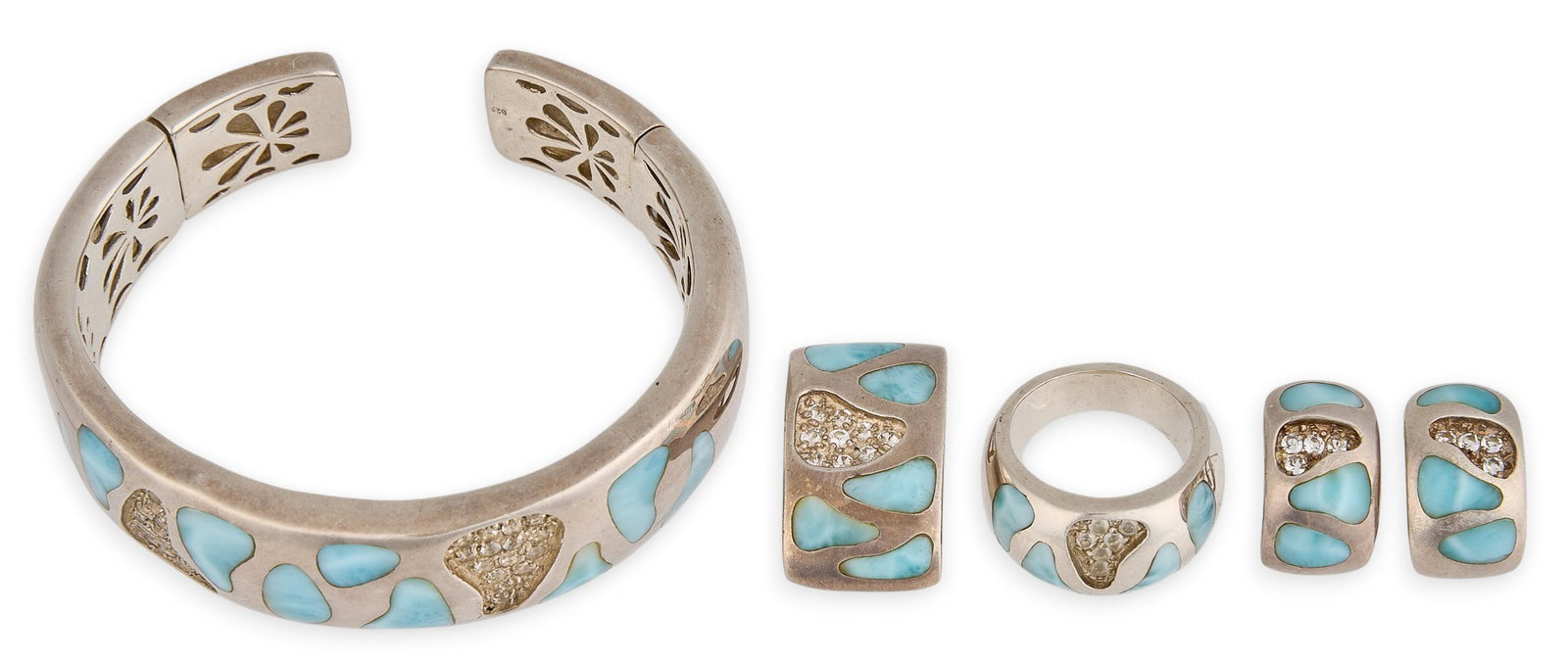 Sterling Silver Larimar & CZ Jewelry Suite: Sterling silver jewelry suite to include cuff, pendant, pair of earrings, and ring, set with larimar inlay and cubic zirconia details, each marked "925" Circumference: 6.75 in. / cuff Ring s