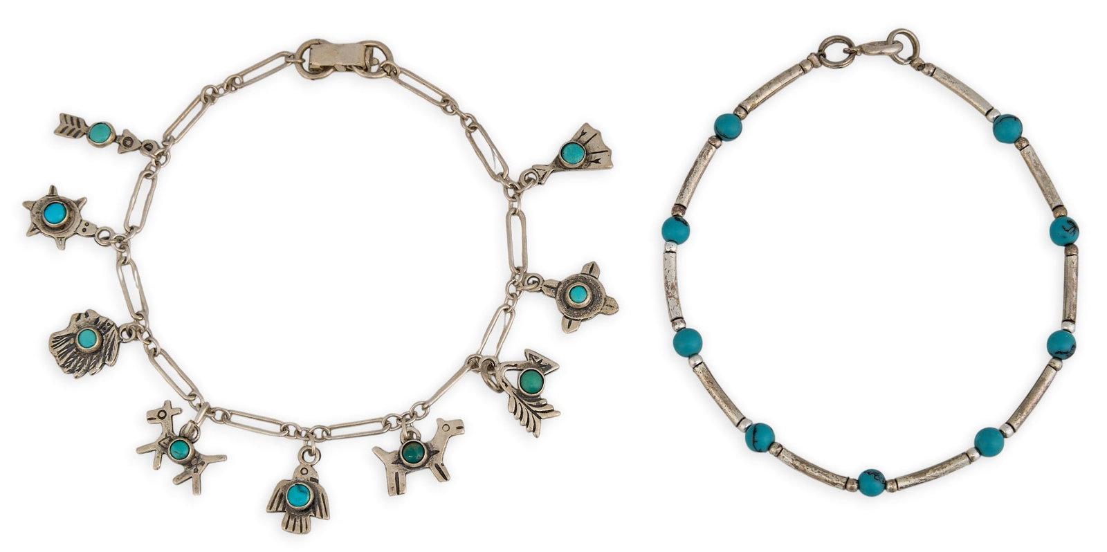 (2) Sterling & Turquoise Bracelets: Two sterling silver bracelets, set with round turquoise cabochons, featuring various Southwestern motifs Length: 7.5 in. / longest Total weight: 12 g